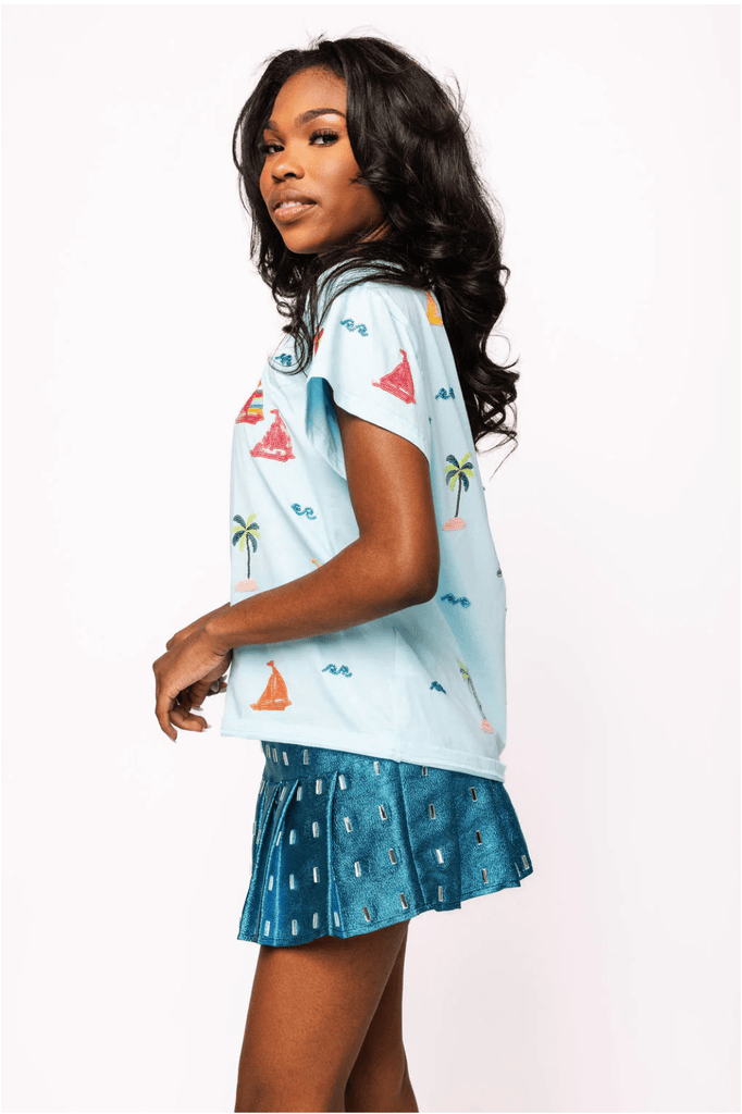 Aqua Sail Boat & Palm Tree Icon TeeHeartland Retail ItemsQueen of SparklesThe Printed Peach Savannah