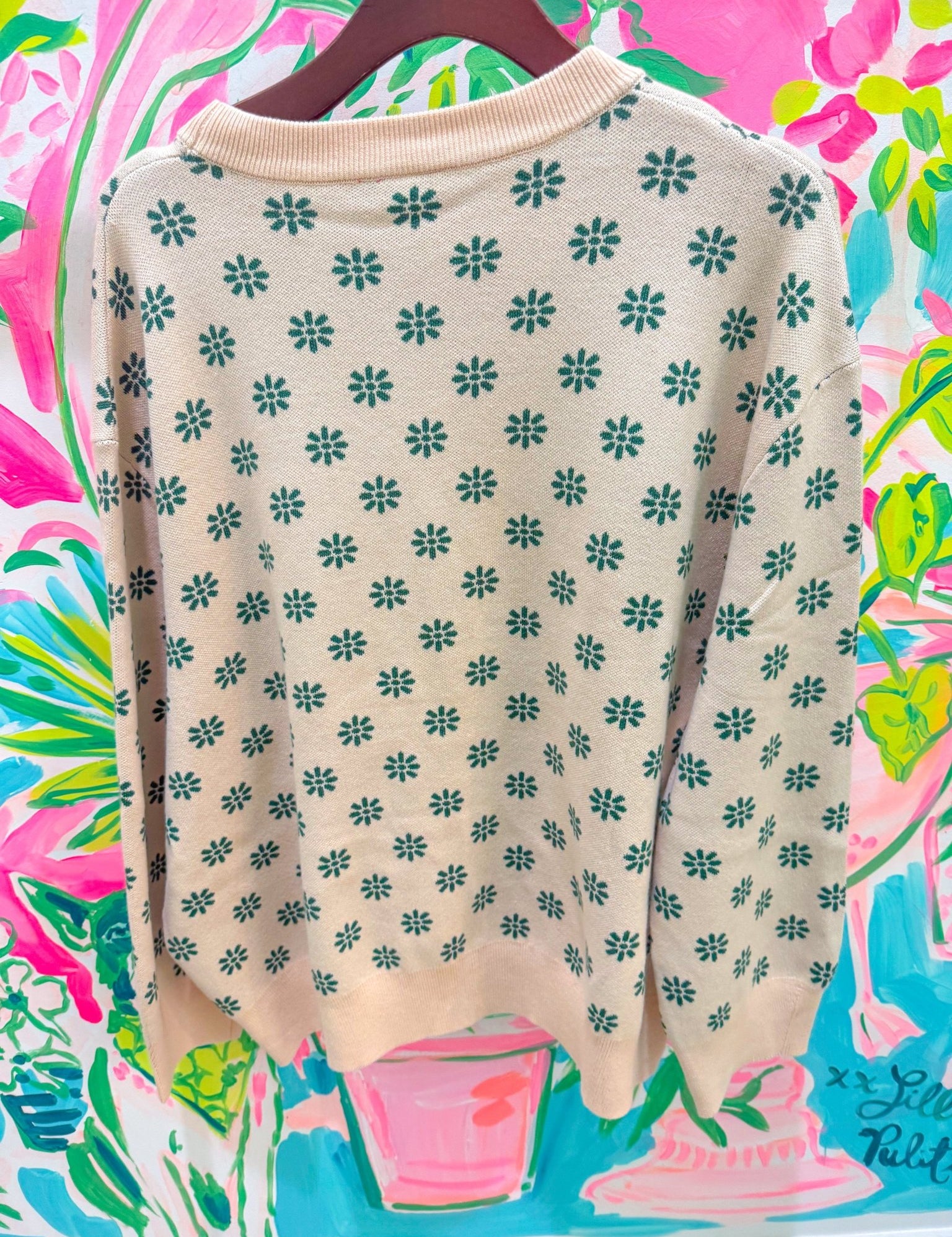 Beige & Green Flower Print Feather Turkey SweaterQueen of SparklesThe Printed Peach Savannah