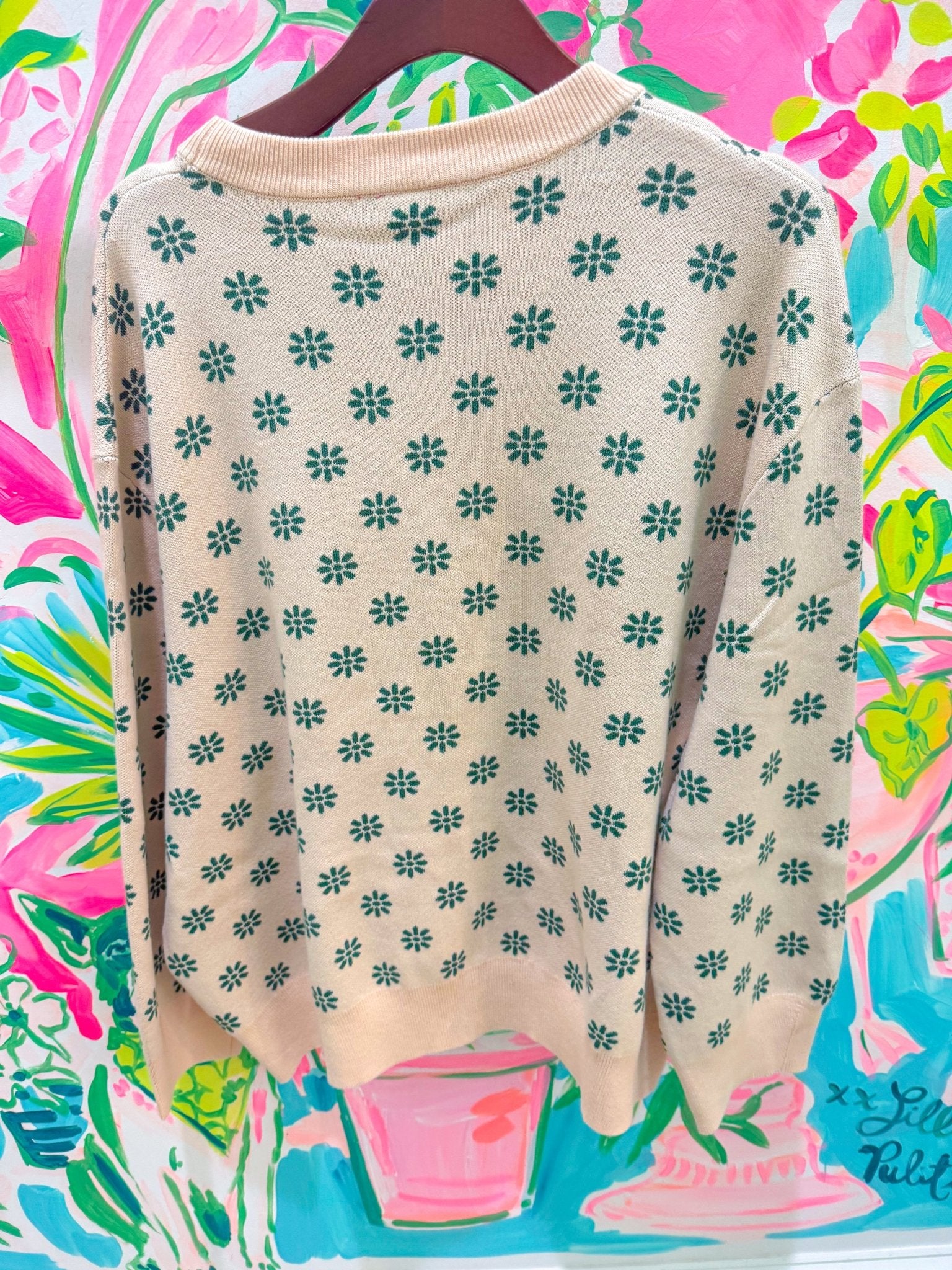 Beige & Green Flower Print Feather Turkey SweaterQueen of SparklesThe Printed Peach Savannah