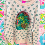Beige & Green Flower Print Feather Turkey SweaterQueen of SparklesThe Printed Peach Savannah