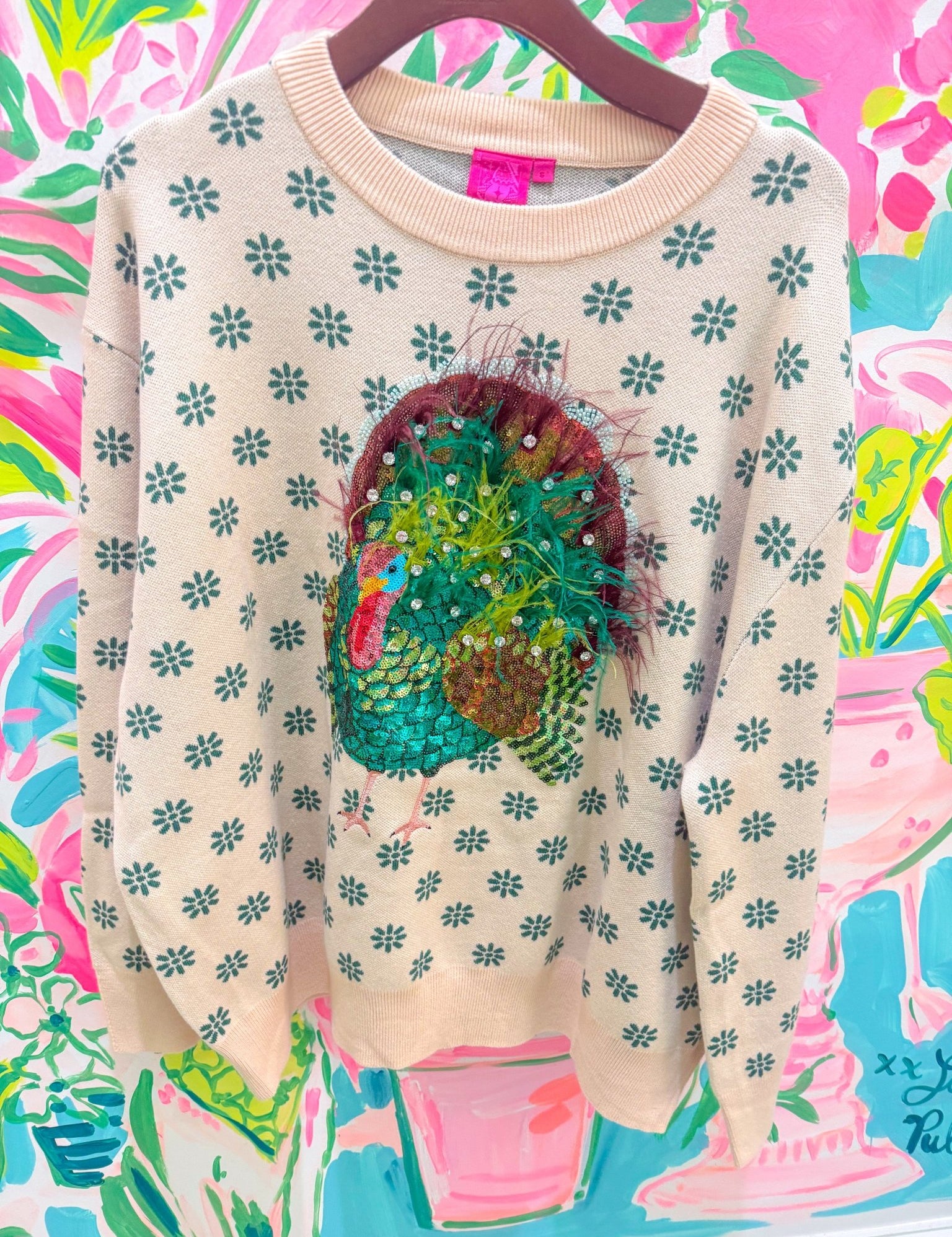 Beige & Green Flower Print Feather Turkey SweaterQueen of SparklesThe Printed Peach Savannah