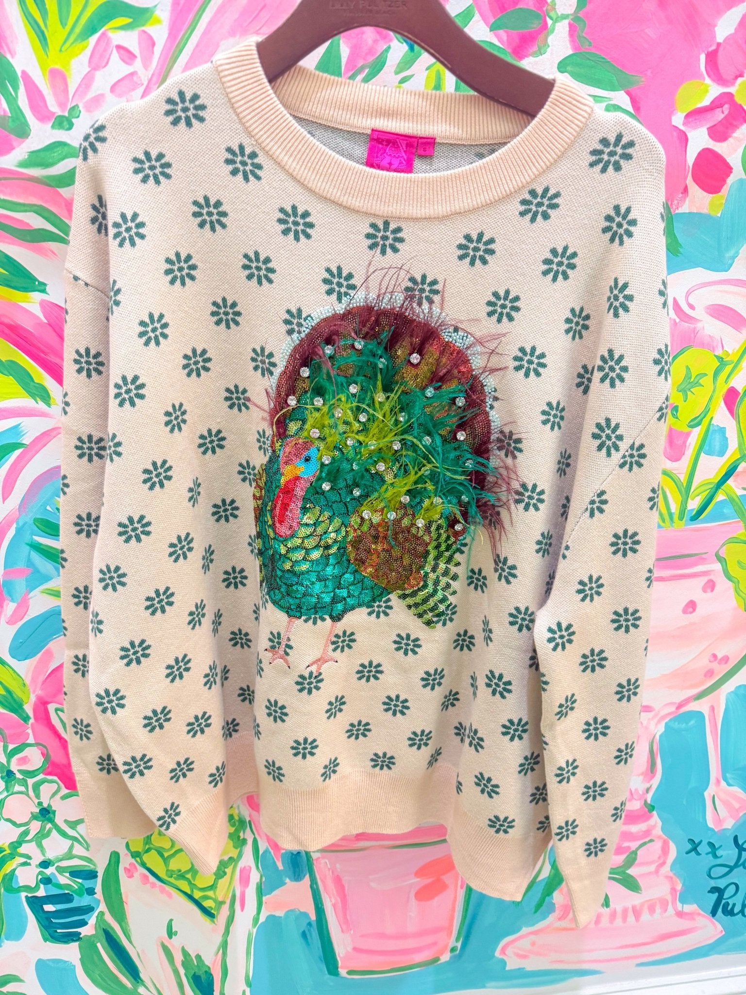 Beige & Green Flower Print Feather Turkey SweaterQueen of SparklesThe Printed Peach Savannah