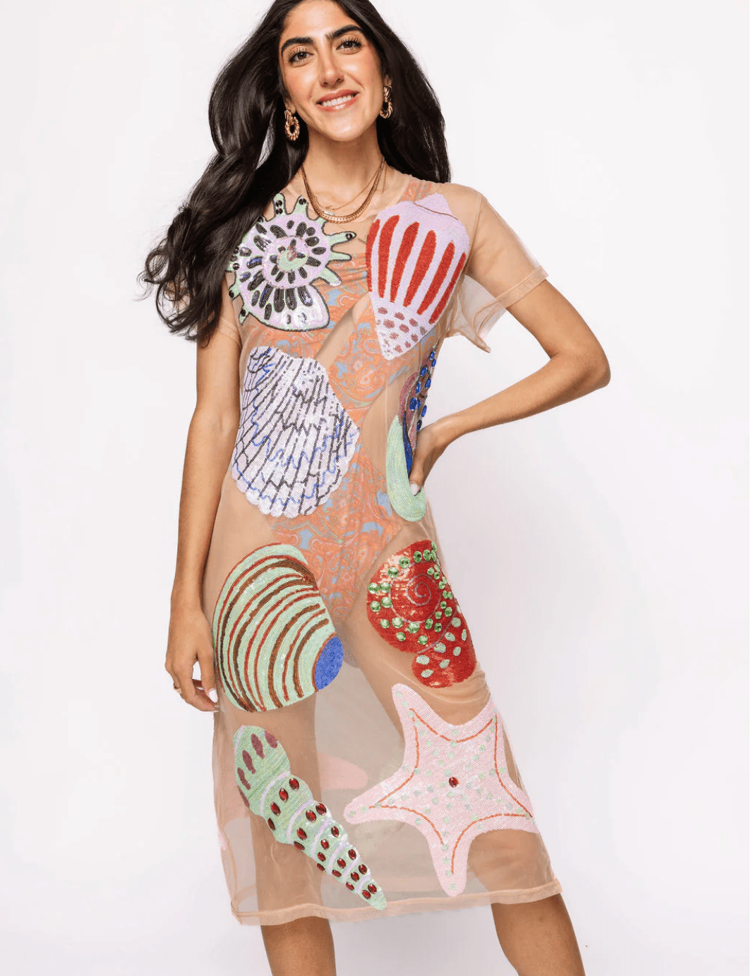 Beige Multi Shell Coverup Midi DressHeartland Retail ItemsQueen of SparklesThe Printed Peach Savannah
