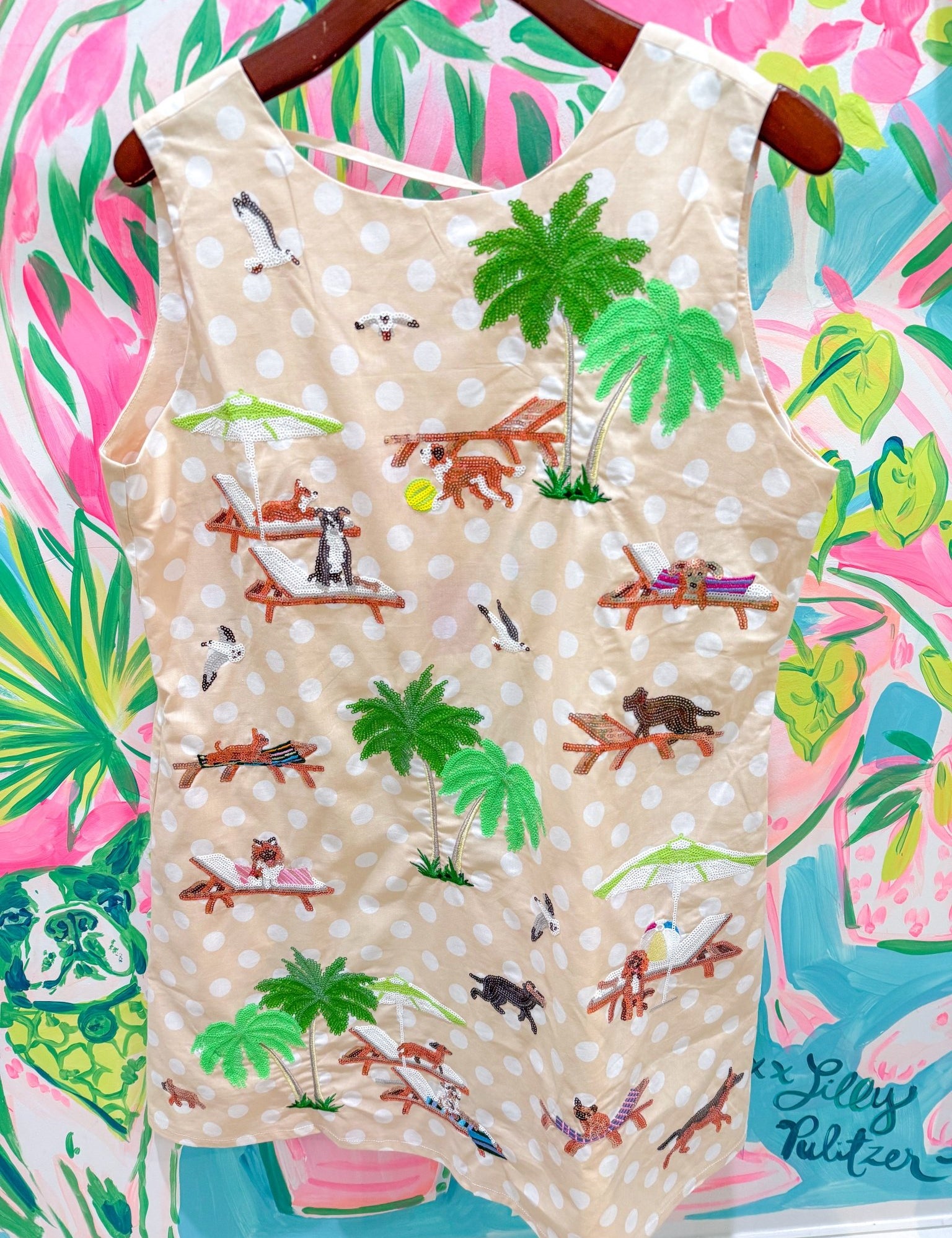 Beige & White Polka Dot Dogs at the Beach Tank DressQueen of SparklesThe Printed Peach Savannah