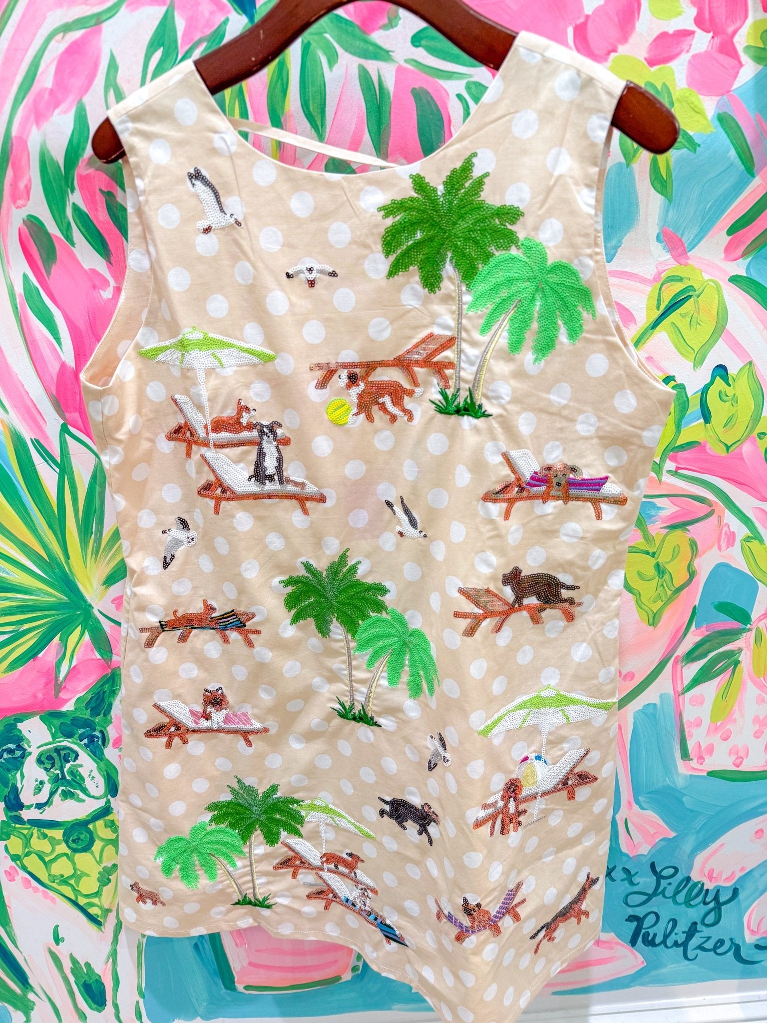 Beige & White Polka Dot Dogs at the Beach Tank DressQueen of SparklesThe Printed Peach Savannah