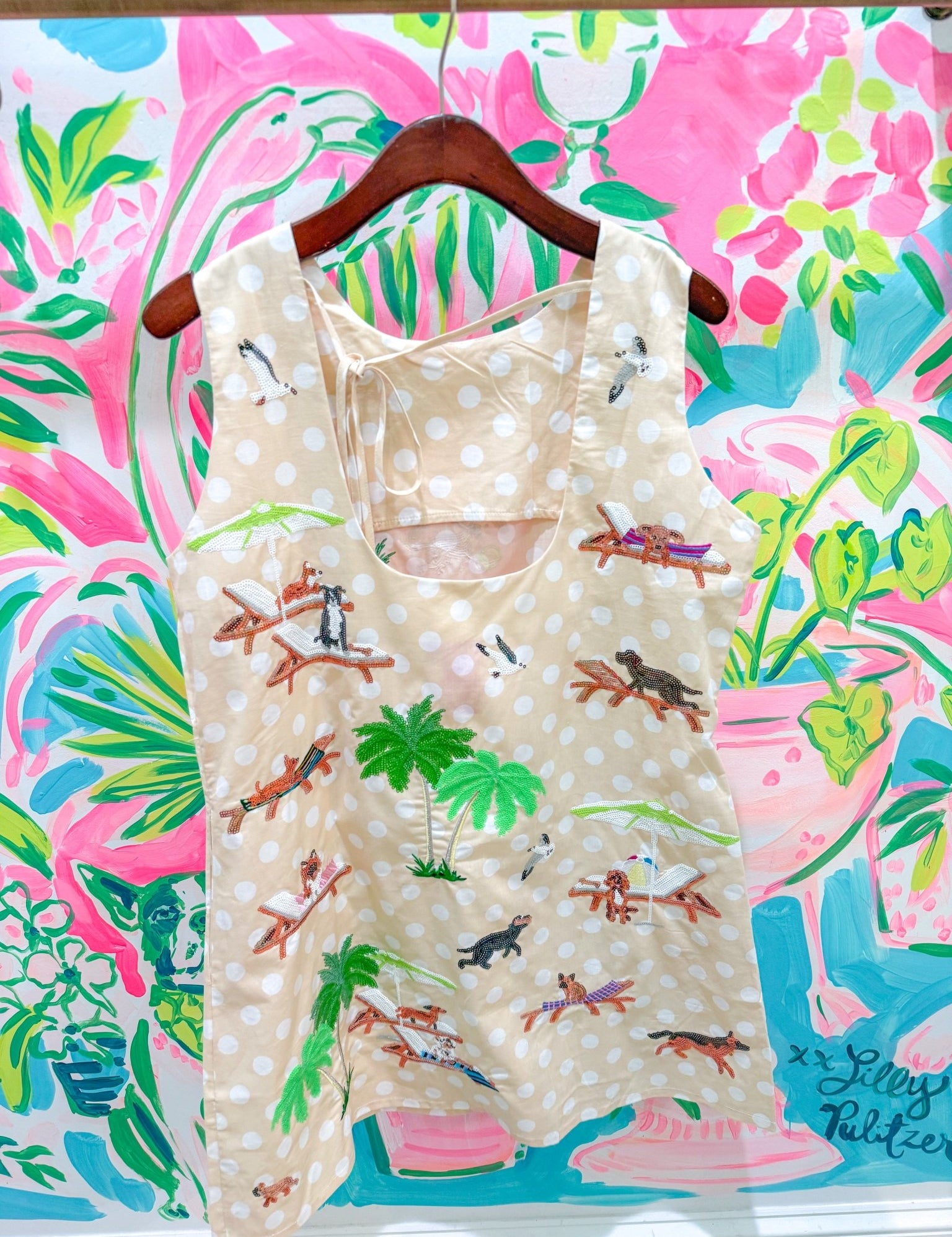 Beige & White Polka Dot Dogs at the Beach Tank DressQueen of SparklesThe Printed Peach Savannah