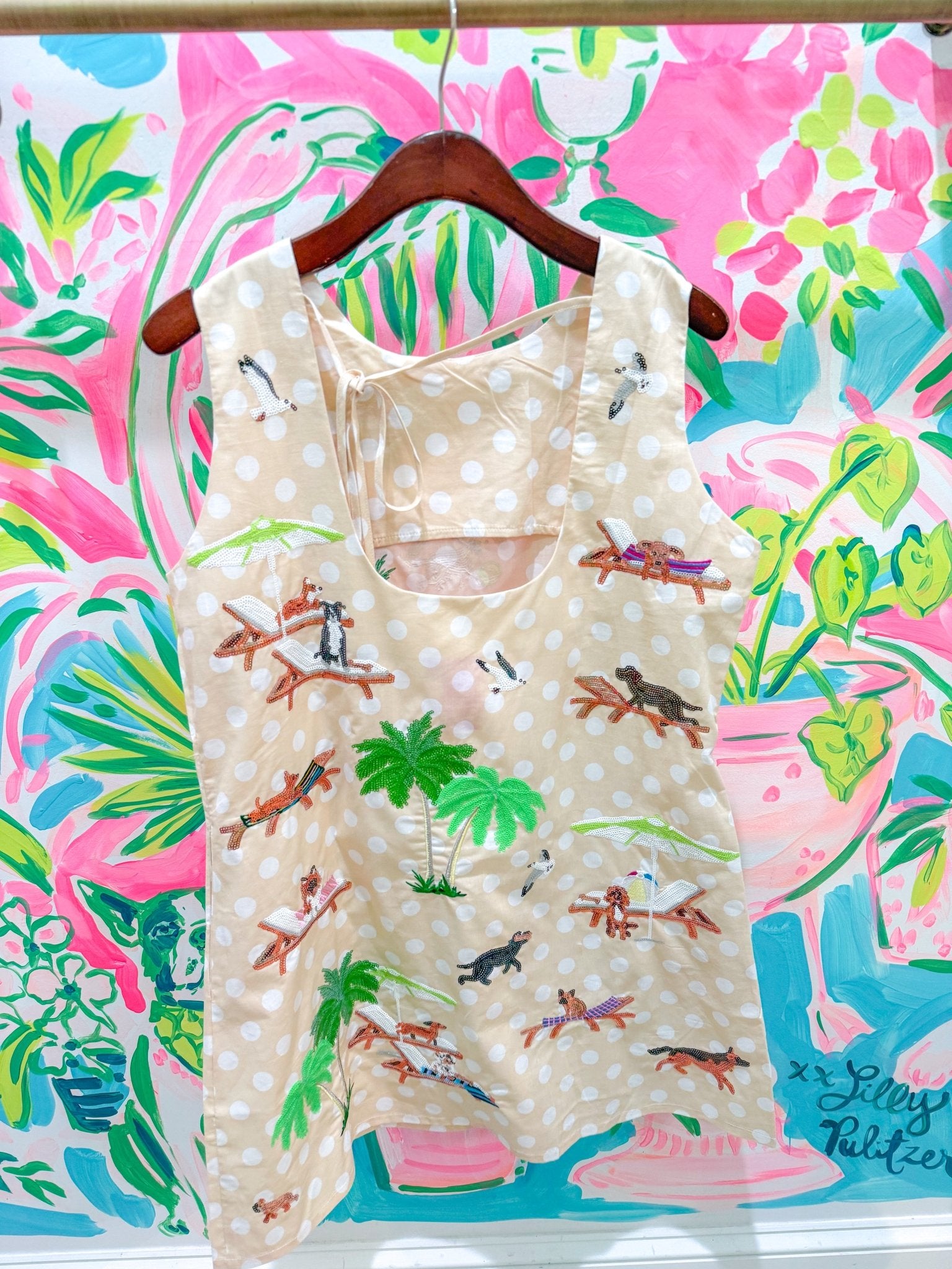 Beige & White Polka Dot Dogs at the Beach Tank DressQueen of SparklesThe Printed Peach Savannah