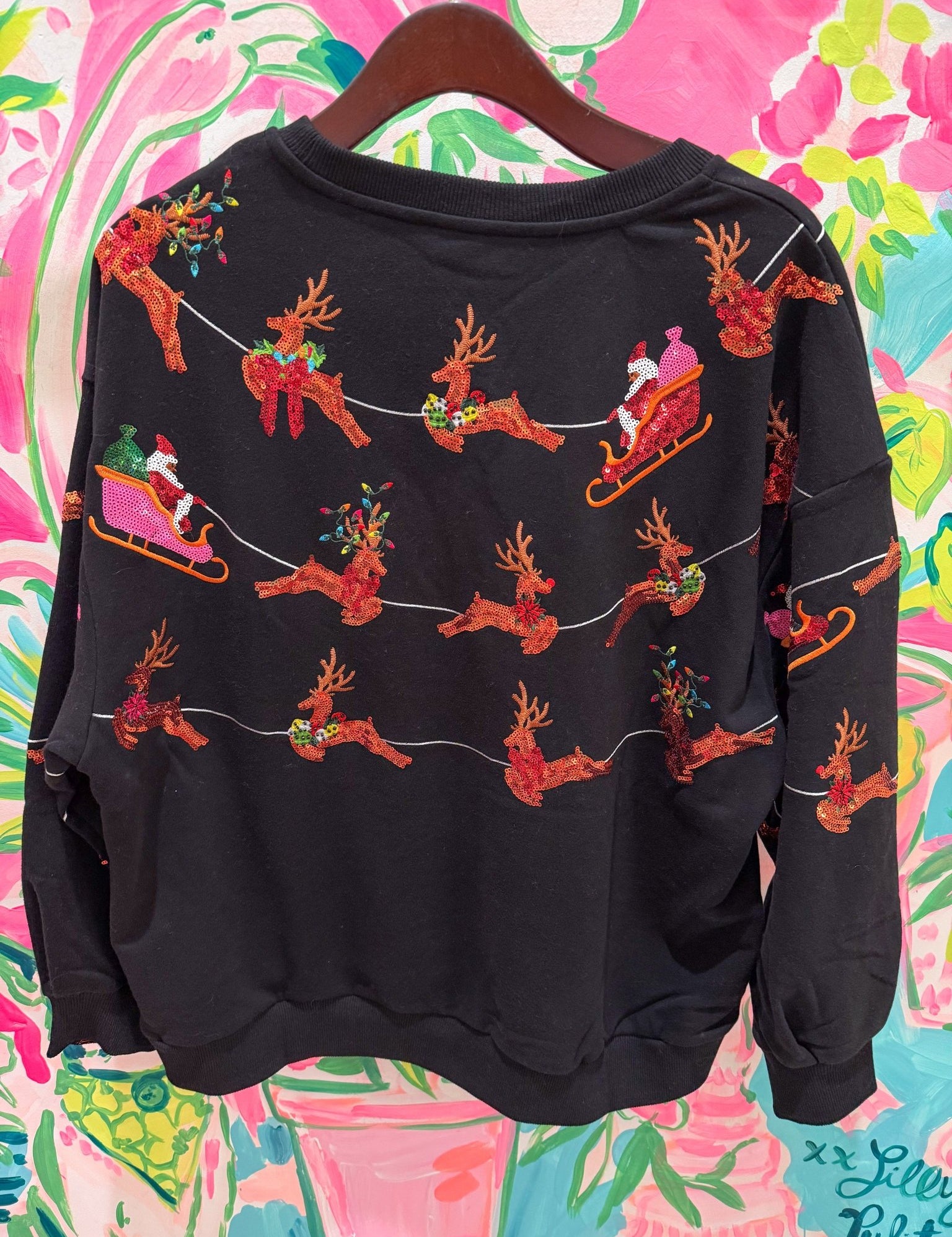 Black Flying Santa & Reindeer SweatshirtQueen of SparklesThe Printed Peach Savannah
