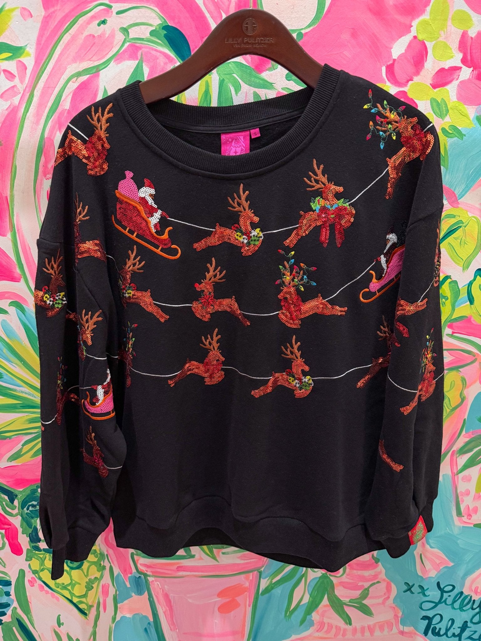 Black Flying Santa & Reindeer SweatshirtQueen of SparklesThe Printed Peach Savannah