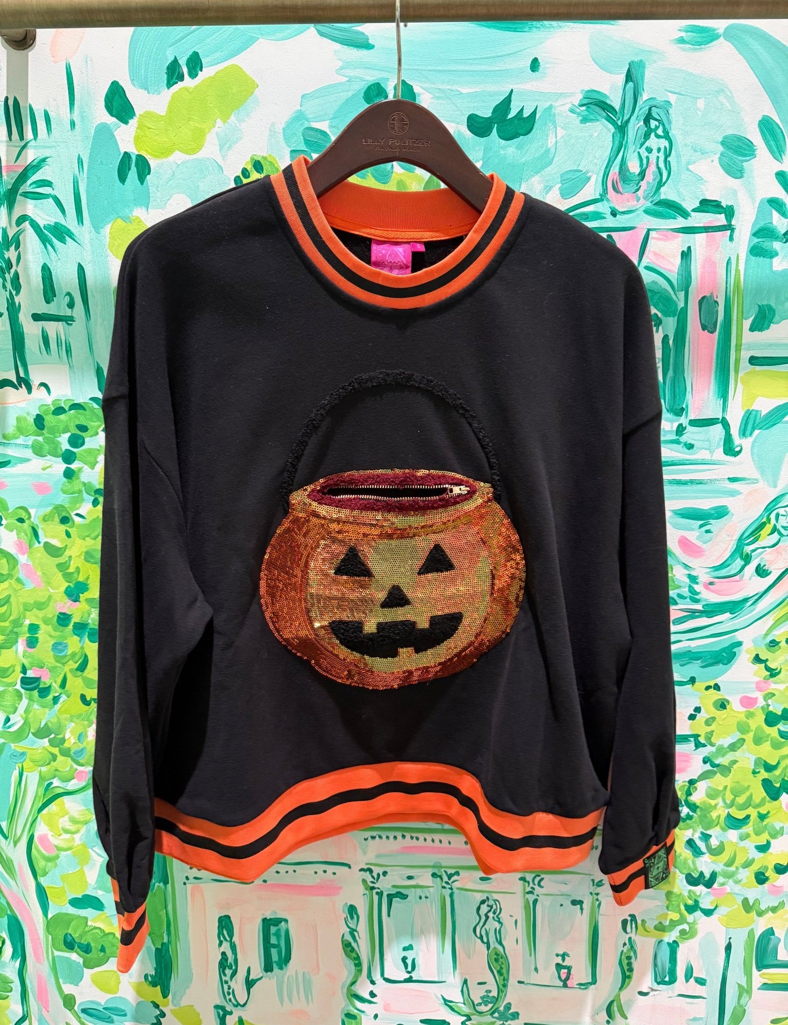 Black Halloween Pumpkin Candy Bucket SweatshirtWomens - Tops - Sweatshirts & PopoversQueen of SparklesThe Printed Peach Savannah