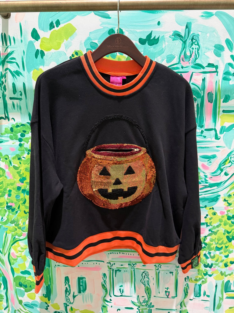 Black Halloween Pumpkin Candy Bucket SweatshirtWomens - Tops - Sweatshirts & PopoversQueen of SparklesThe Printed Peach Savannah