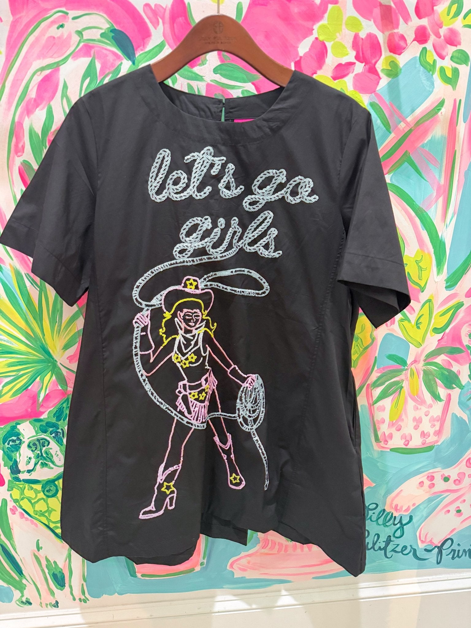 Black 'Let's Go Girls' Lassoing Cowgirl Cotton DressQueen of SparklesThe Printed Peach Savannah