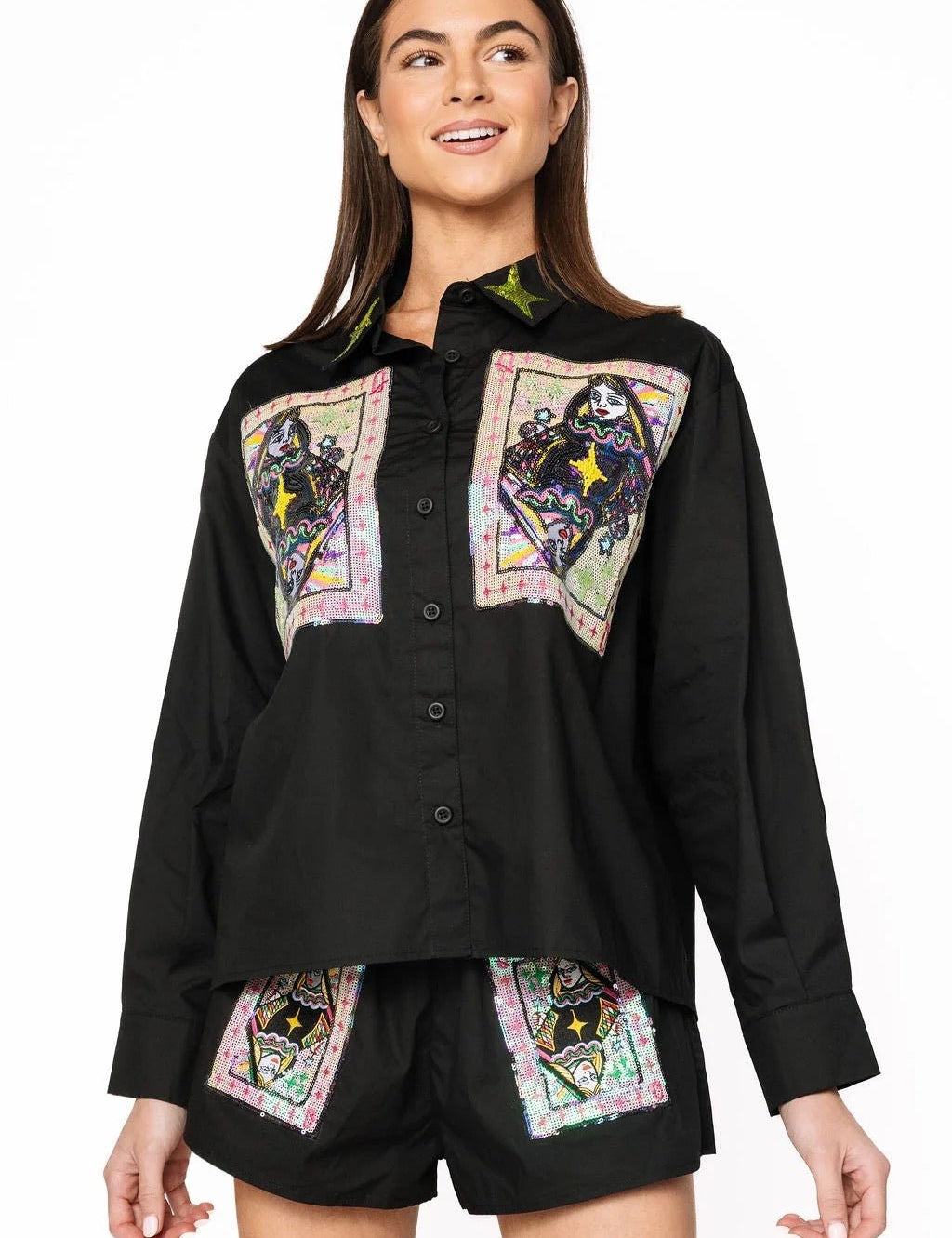 Black Queen Card & Sparkle Collar Button Up Cotton TopWomen - Tops - BlousesQueen of SparklesThe Printed Peach Savannah