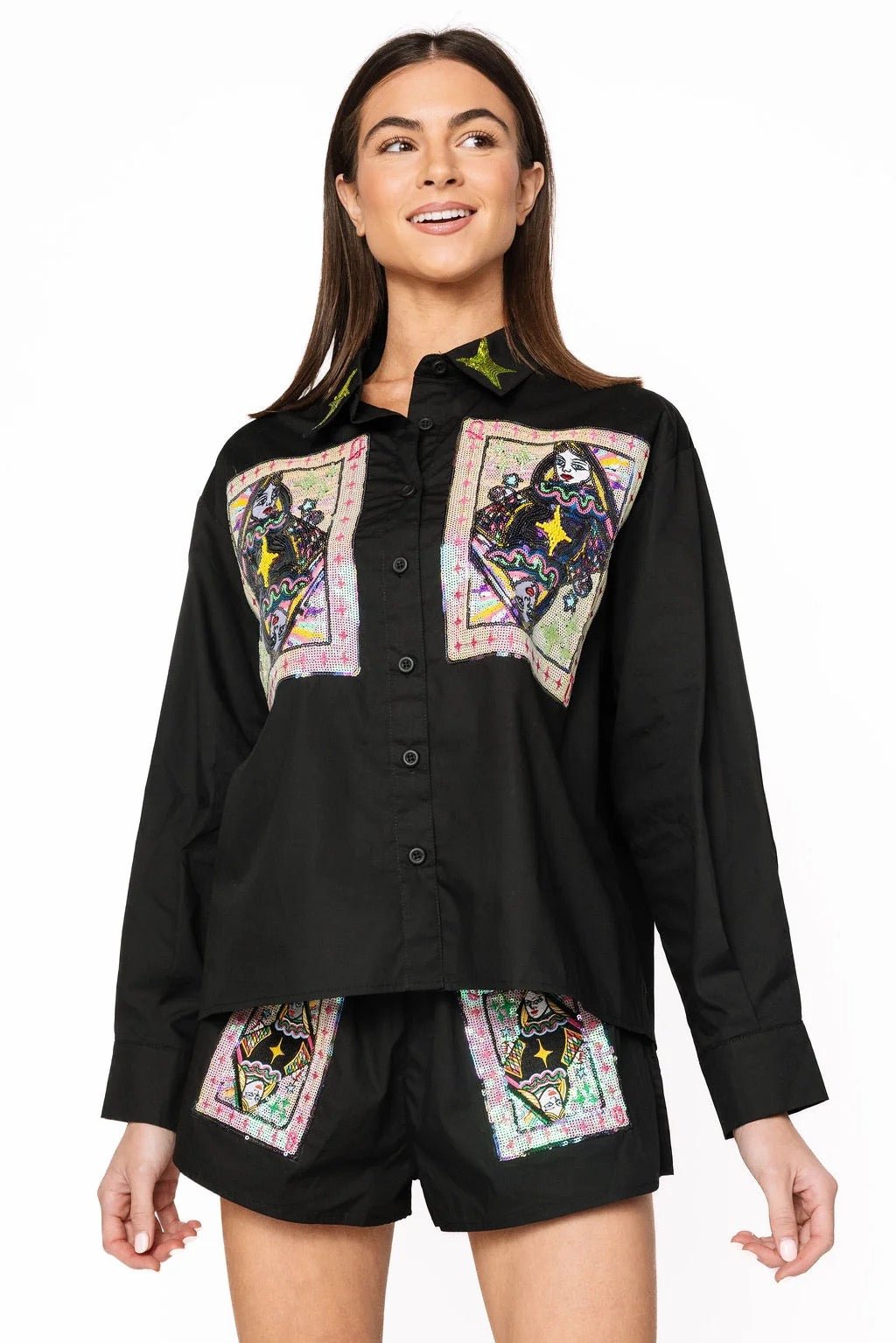 Black Queen Card & Sparkle Collar Button Up Cotton TopWomen - Tops - BlousesQueen of SparklesThe Printed Peach Savannah