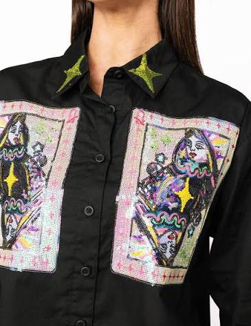 Black Queen Card & Sparkle Collar Button Up Cotton TopWomen - Tops - BlousesQueen of SparklesThe Printed Peach Savannah