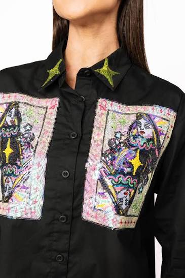 Black Queen Card & Sparkle Collar Button Up Cotton TopWomen - Tops - BlousesQueen of SparklesThe Printed Peach Savannah