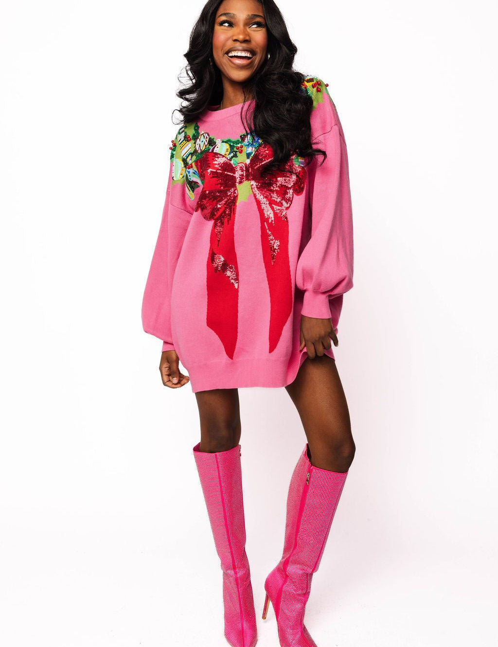 Bright Pink Multi Wreath Around Neck Sweater DressQueen of SparklesThe Printed Peach Savannah