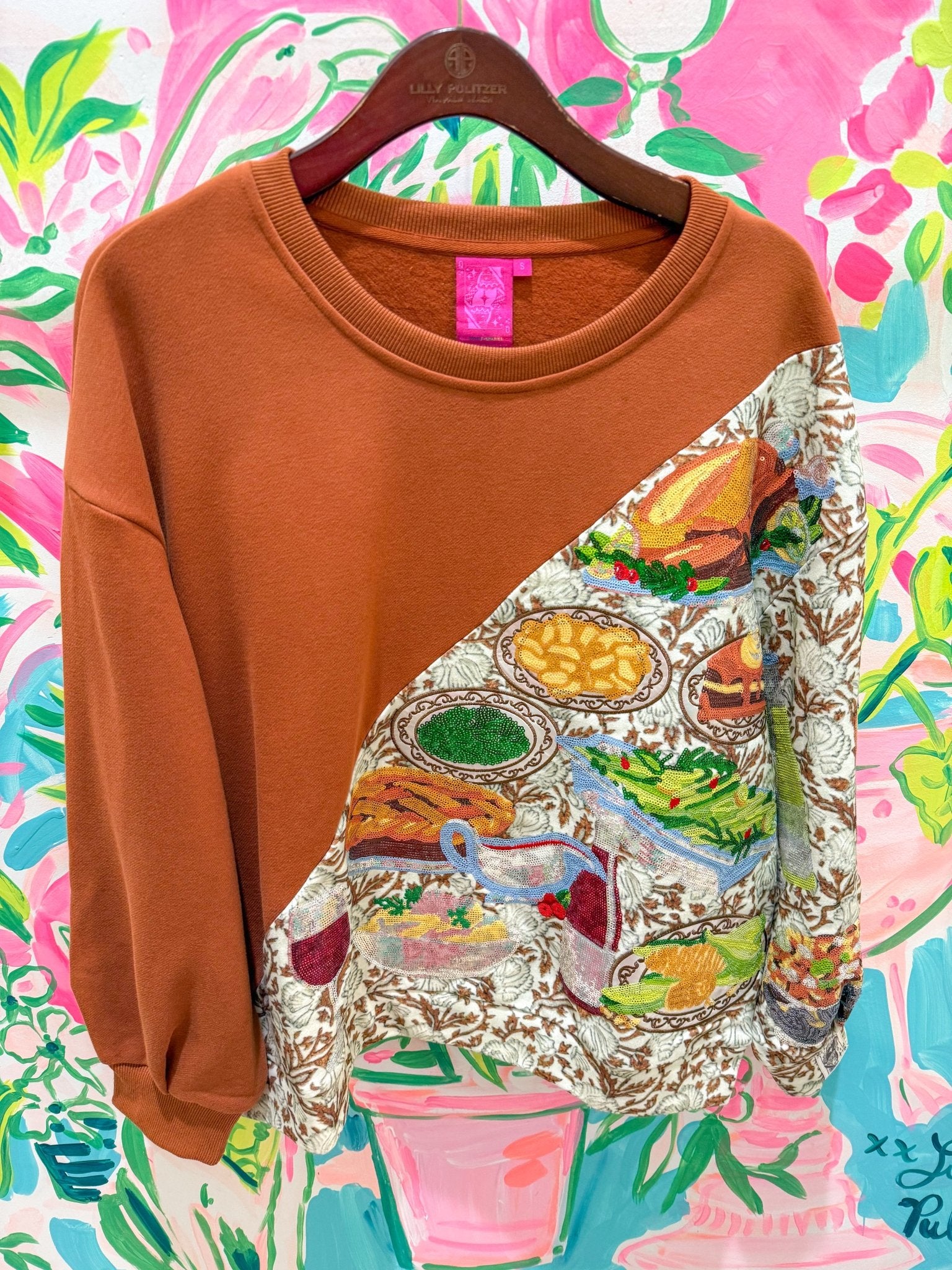 Brown Colorblock Thanksgiving Meal SweatshirtQueen of SparklesThe Printed Peach Savannah