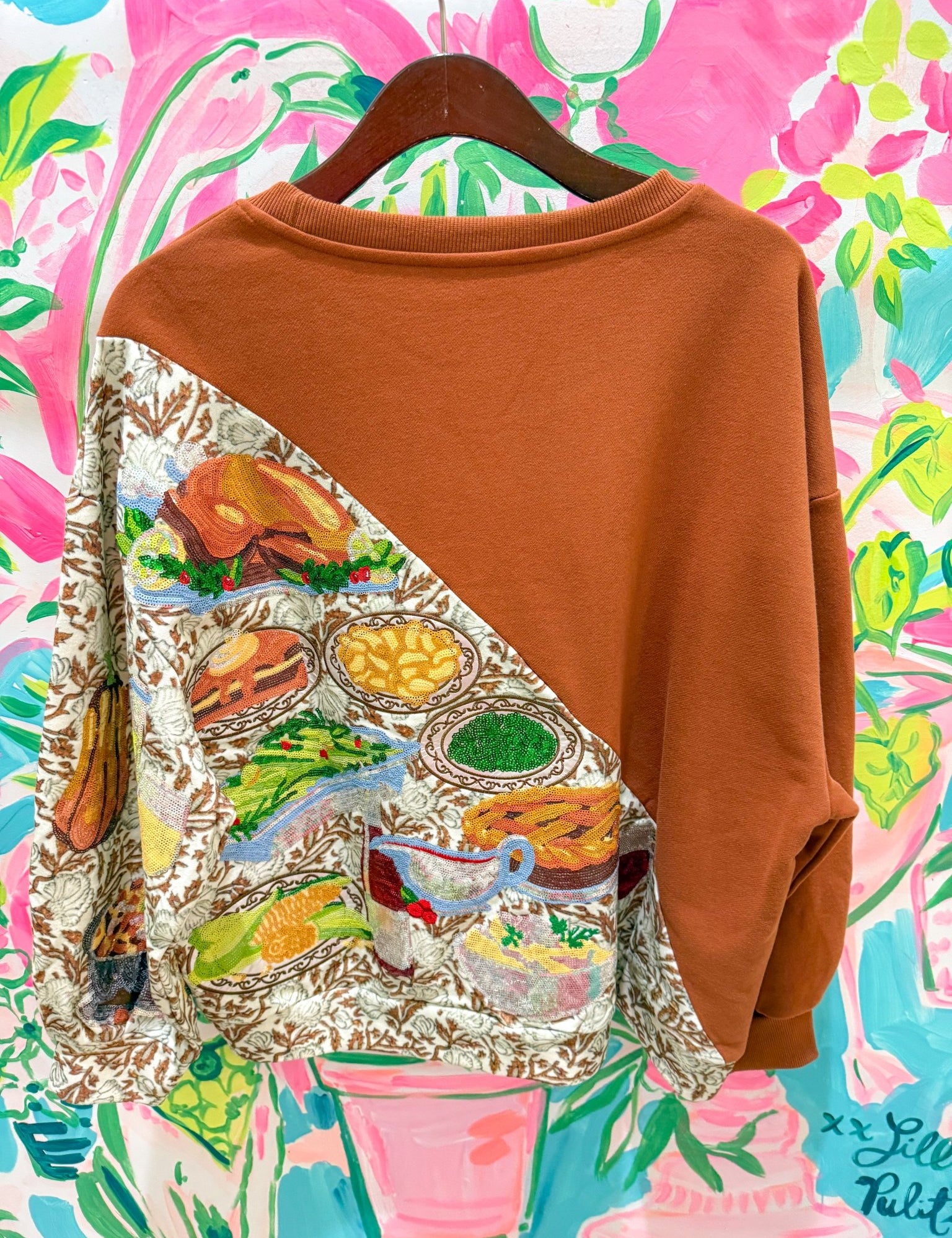Brown Colorblock Thanksgiving Meal SweatshirtQueen of SparklesThe Printed Peach Savannah