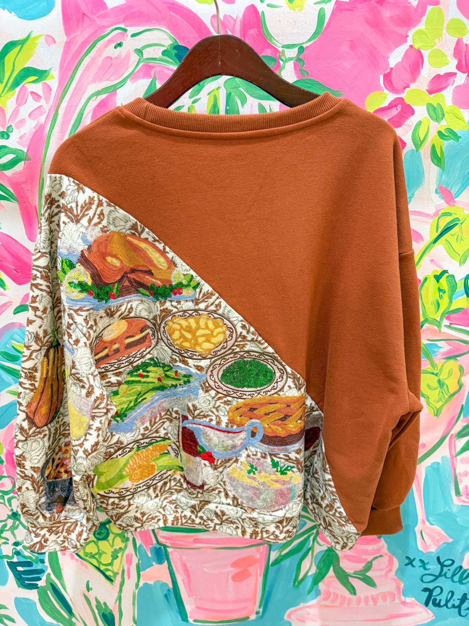 Brown Colorblock Thanksgiving Meal SweatshirtQueen of SparklesThe Printed Peach Savannah