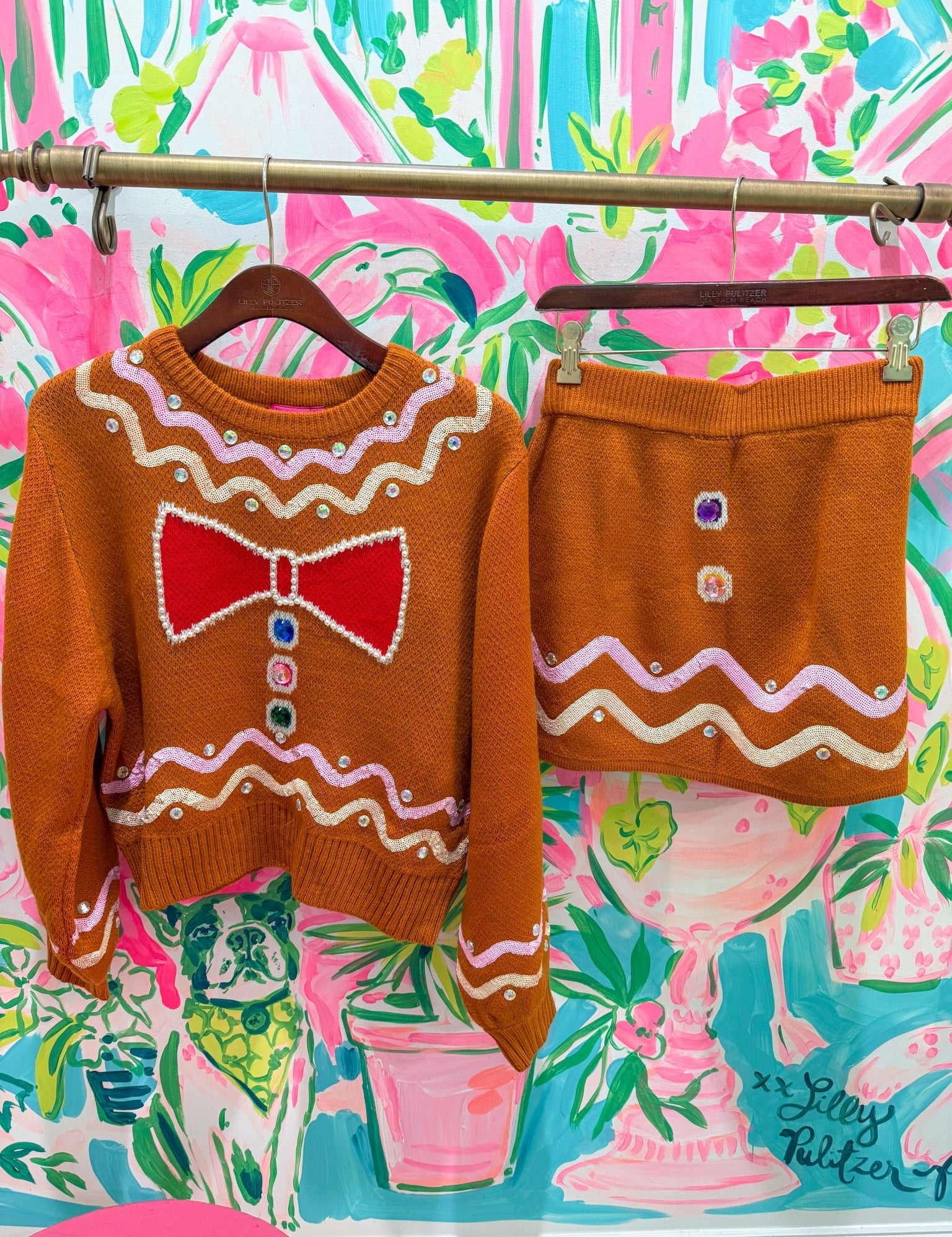Brown Gingerbread Man Jewel Bow Tie Sweater and Skirt SetQueen of SparklesThe Printed Peach Savannah
