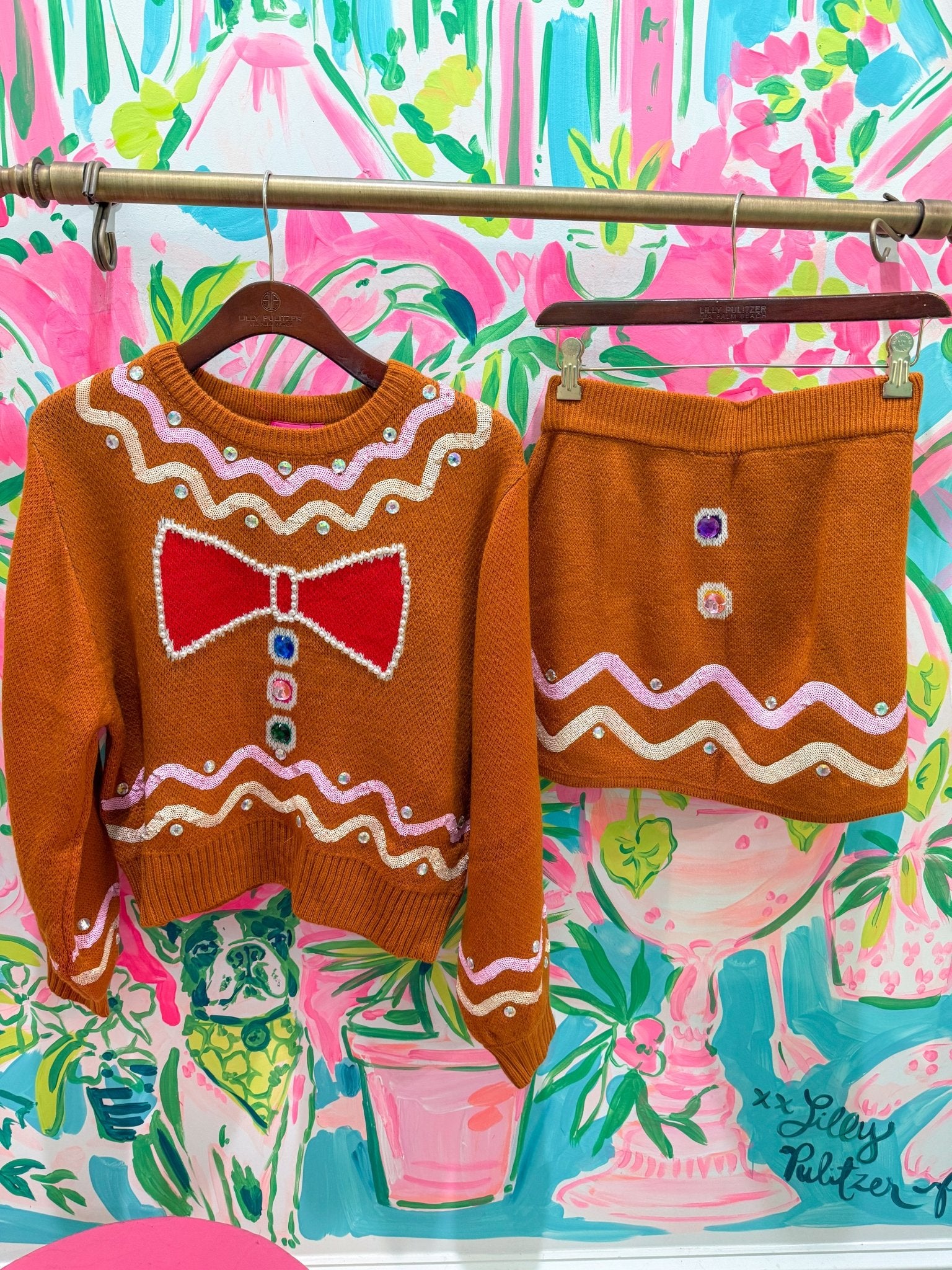 Brown Gingerbread Man Jewel Bow Tie Sweater and Skirt SetQueen of SparklesThe Printed Peach Savannah