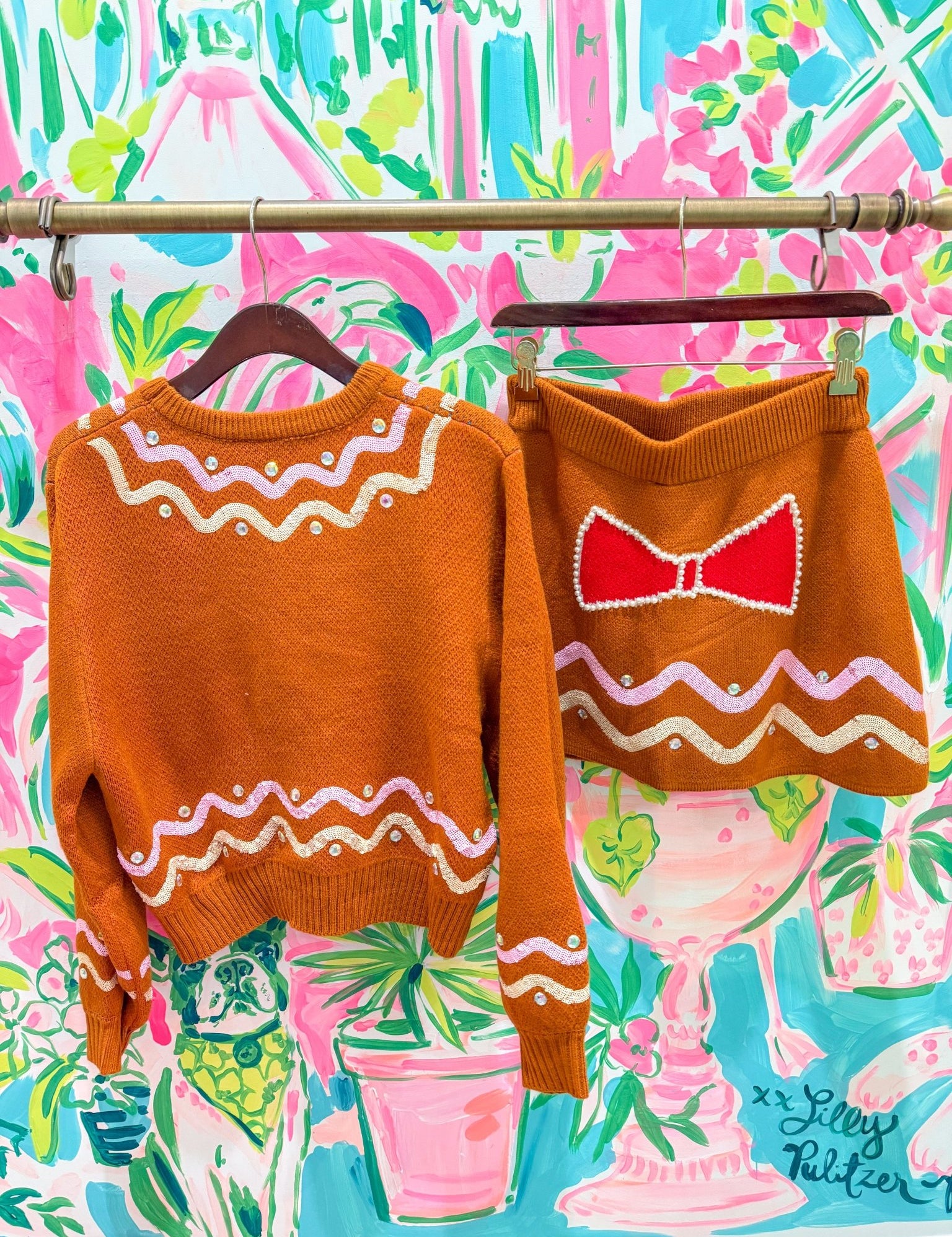 Brown Gingerbread Man Jewel Bow Tie Sweater and Skirt SetQueen of SparklesThe Printed Peach Savannah