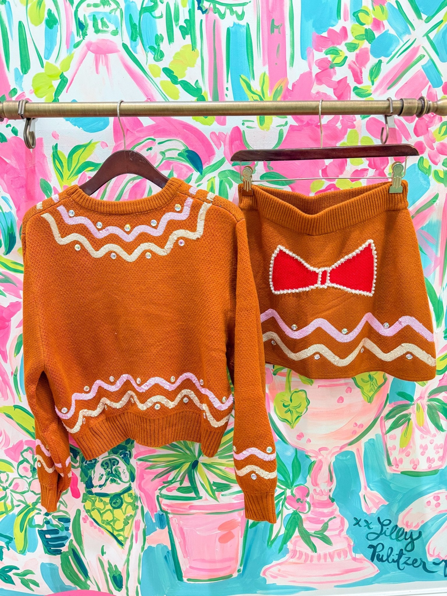 Brown Gingerbread Man Jewel Bow Tie Sweater and Skirt SetQueen of SparklesThe Printed Peach Savannah