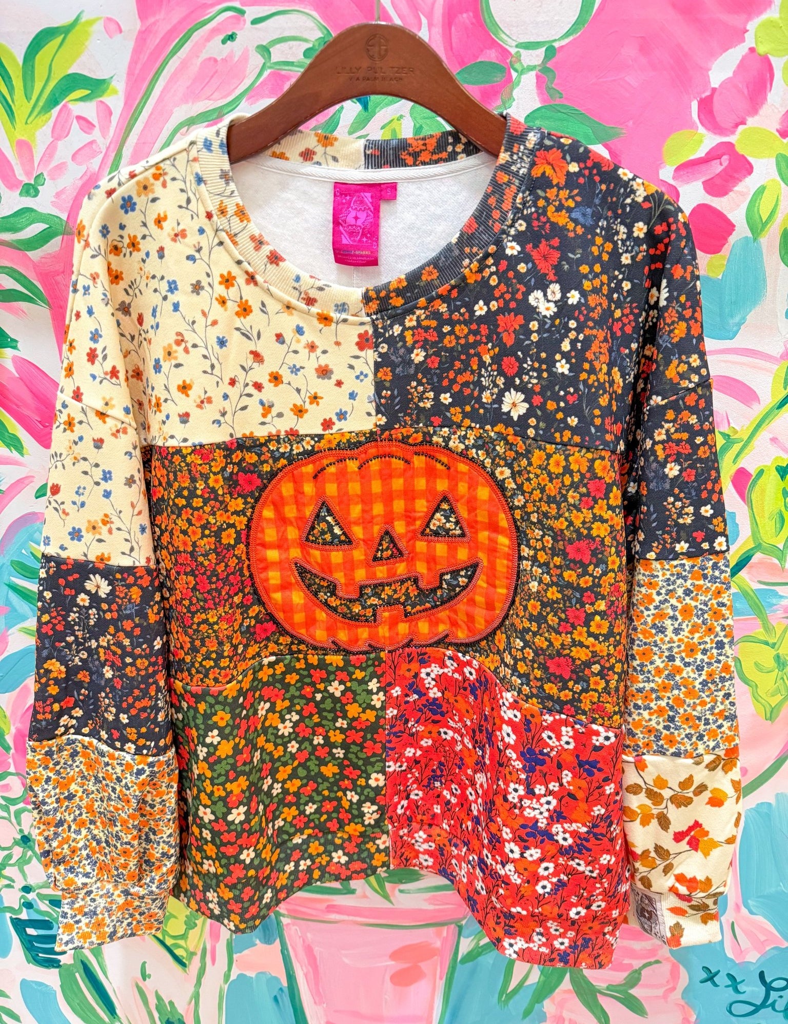 Colorblock Floral Print Gingham Pumpkin SweatshirtQueen of SparklesThe Printed Peach Savannah