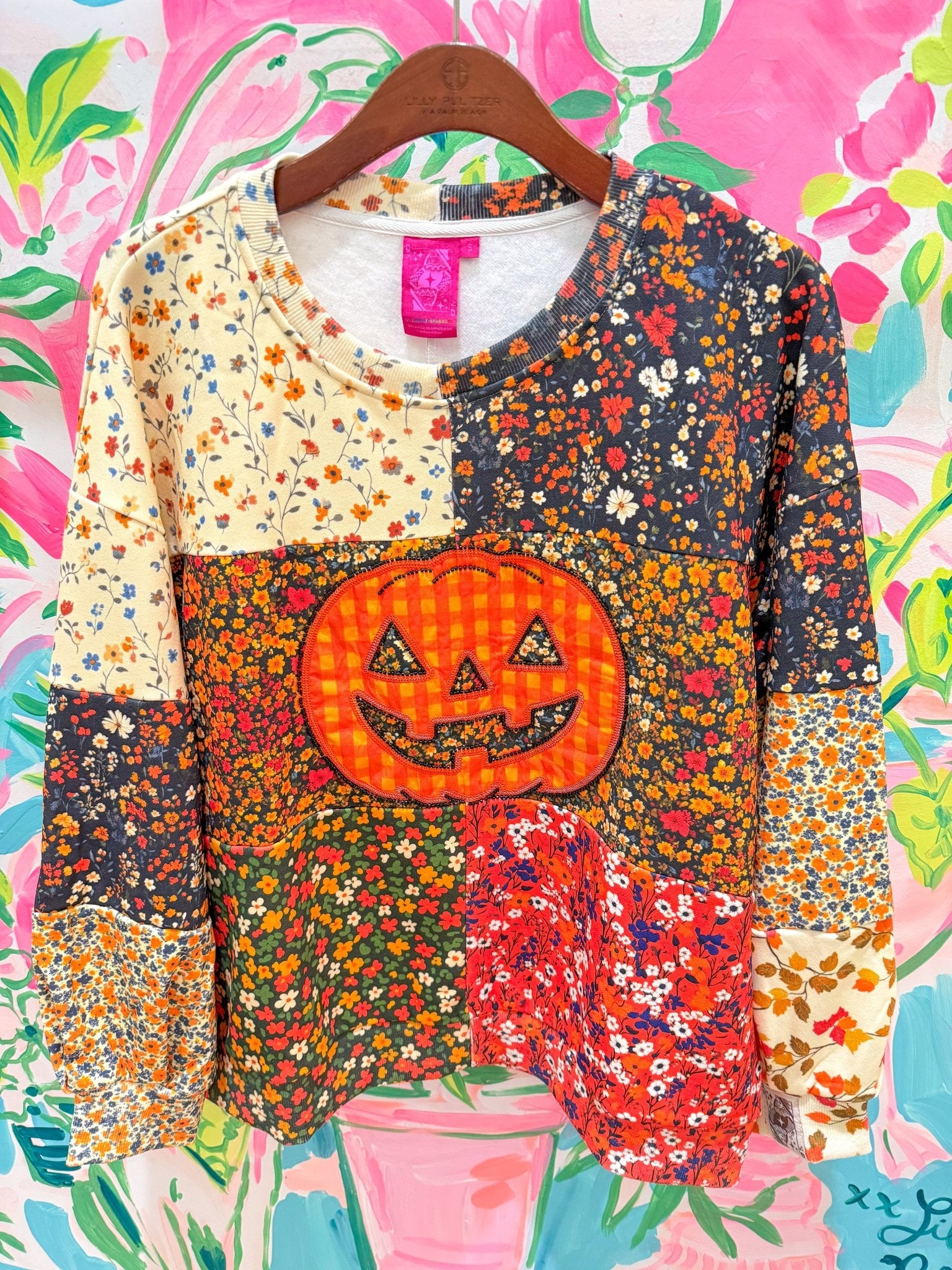 Colorblock Floral Print Gingham Pumpkin SweatshirtQueen of SparklesThe Printed Peach Savannah