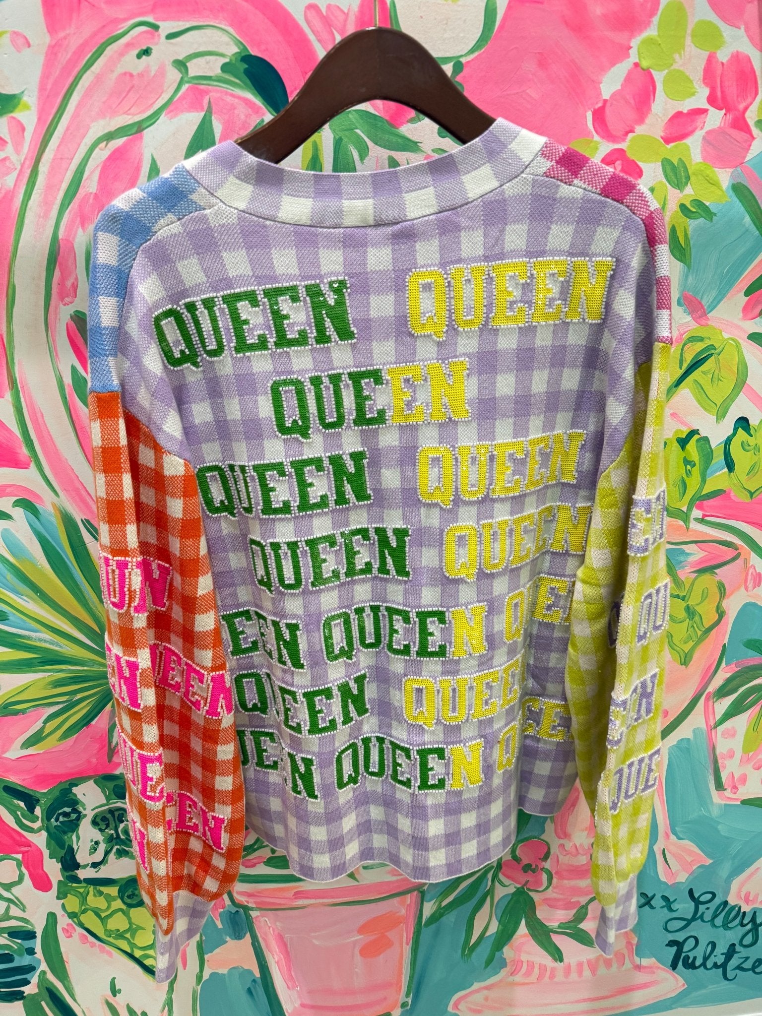Colorblock Gingham 'Queen' All Over CardiganQueen of SparklesThe Printed Peach Savannah