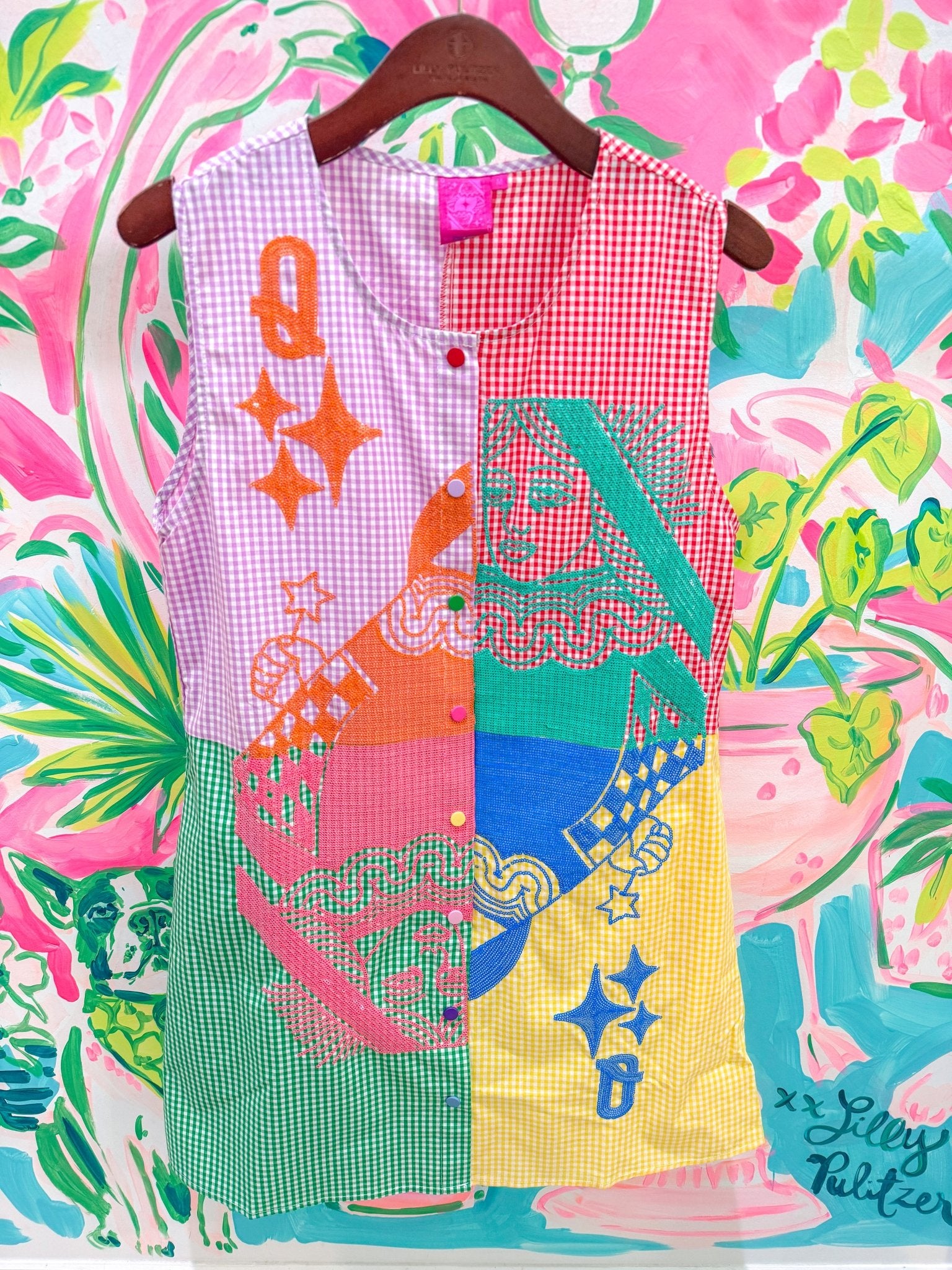 Colorblock Gingham Queen Card Logo Button Up Cotton DressQueen of SparklesThe Printed Peach Savannah