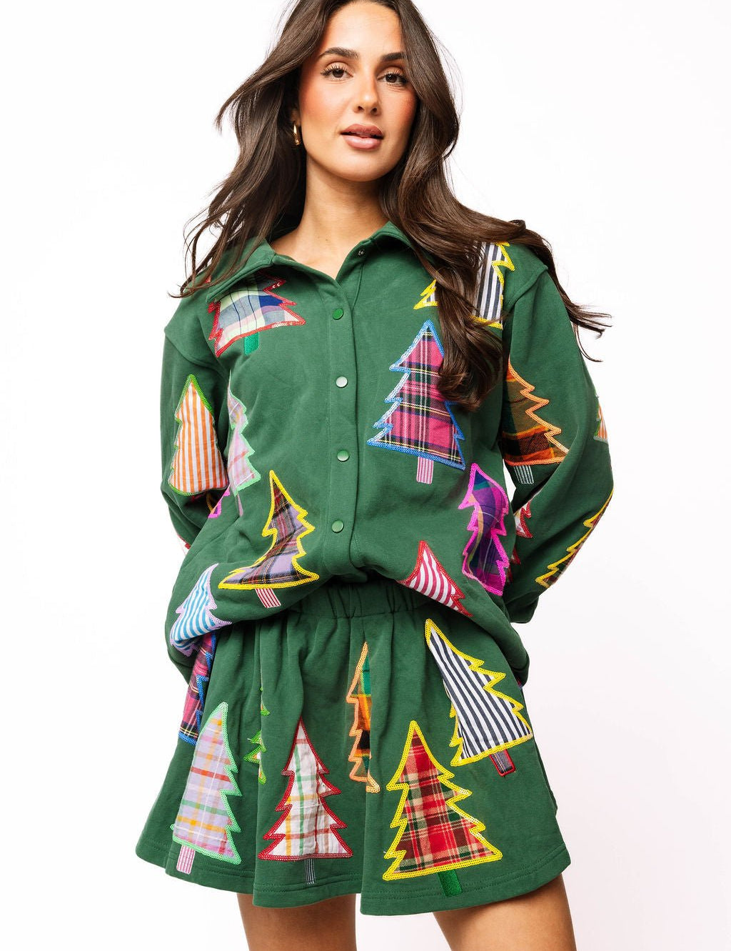 Dark Green Multi Plaid & Stripe Christmas Tree Pleated SkortQueen of SparklesThe Printed Peach Savannah