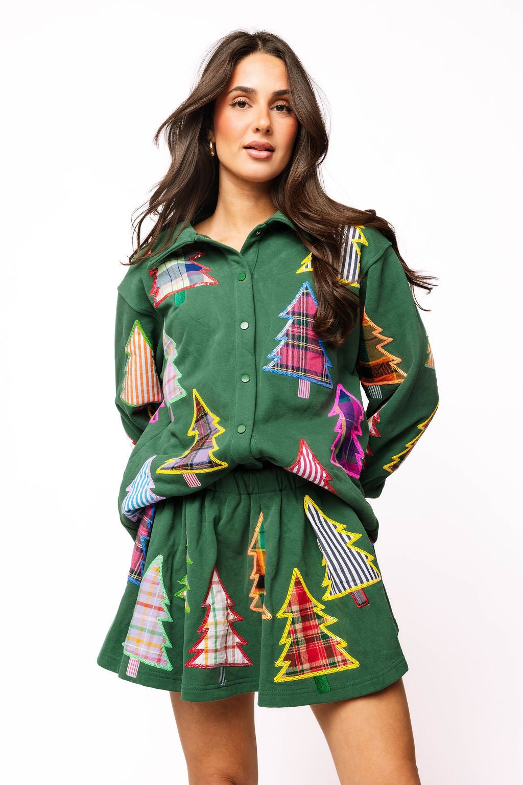 Dark Green Multi Plaid & Stripe Christmas Tree Pleated SkortQueen of SparklesThe Printed Peach Savannah