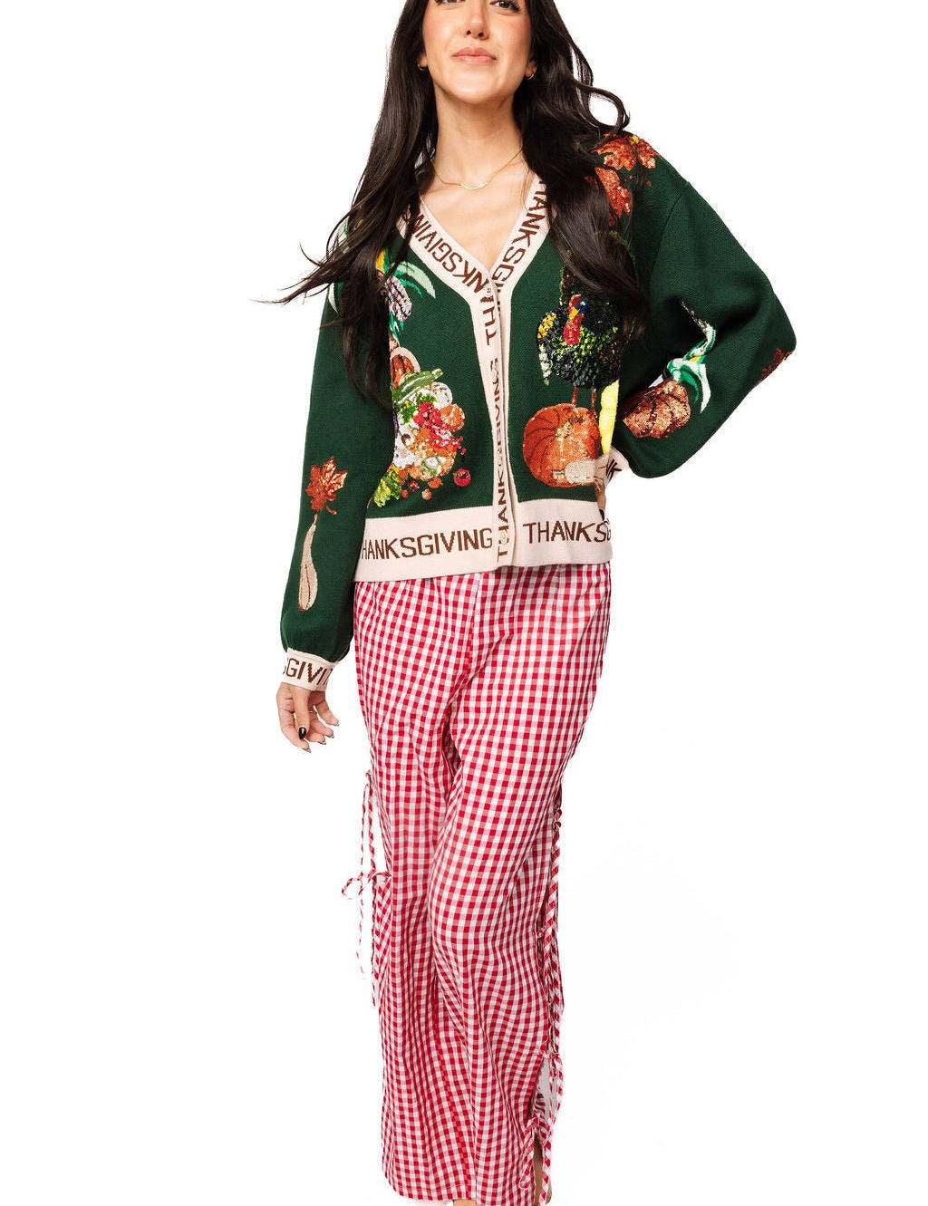 Dark Green 'Thanksgiving' Button CardiganQueen of SparklesThe Printed Peach Savannah