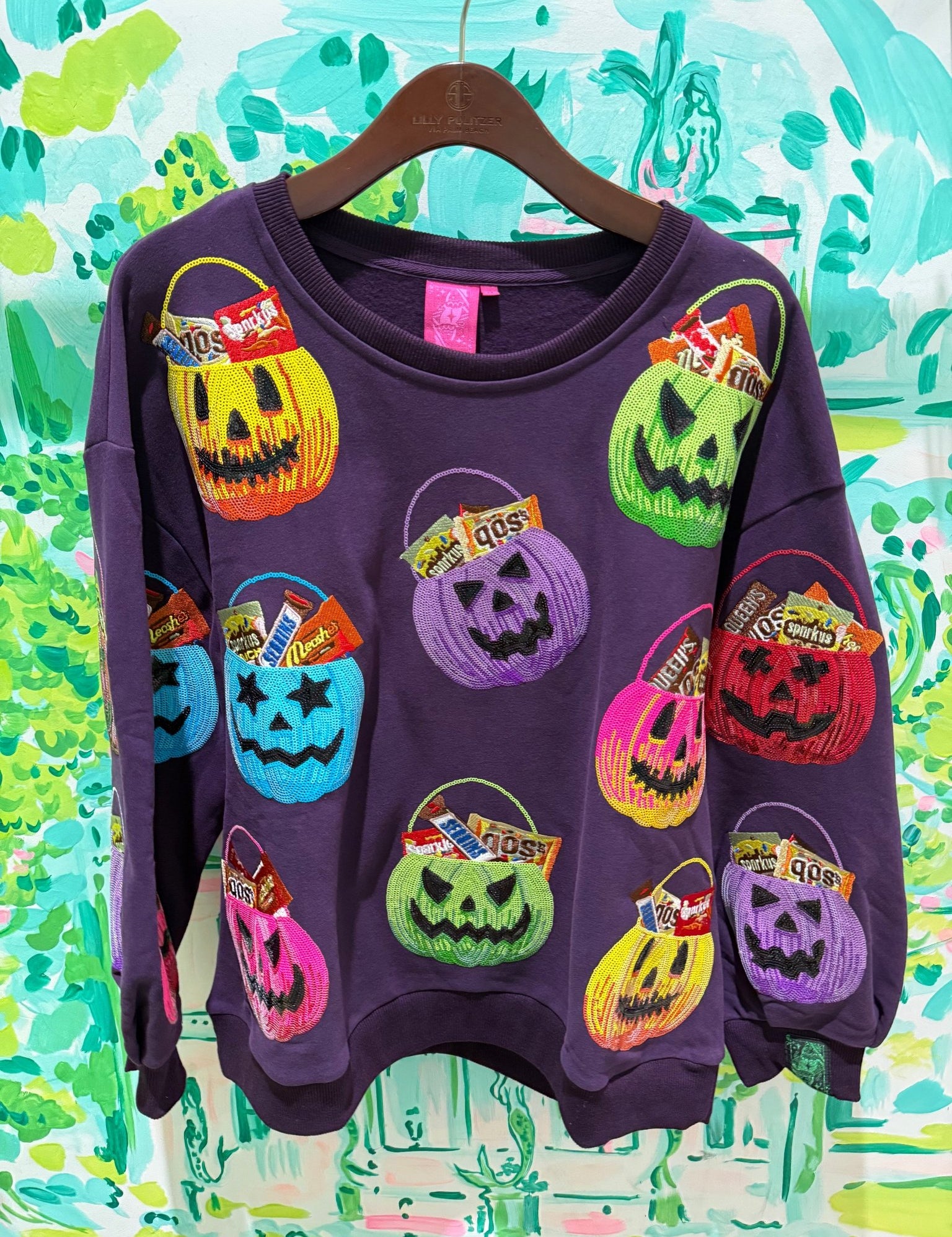 Dark Purple Multi Candy in Halloween Baskets SweatshirtWomens - Tops - CrewnecksQueen of SparklesThe Printed Peach Savannah