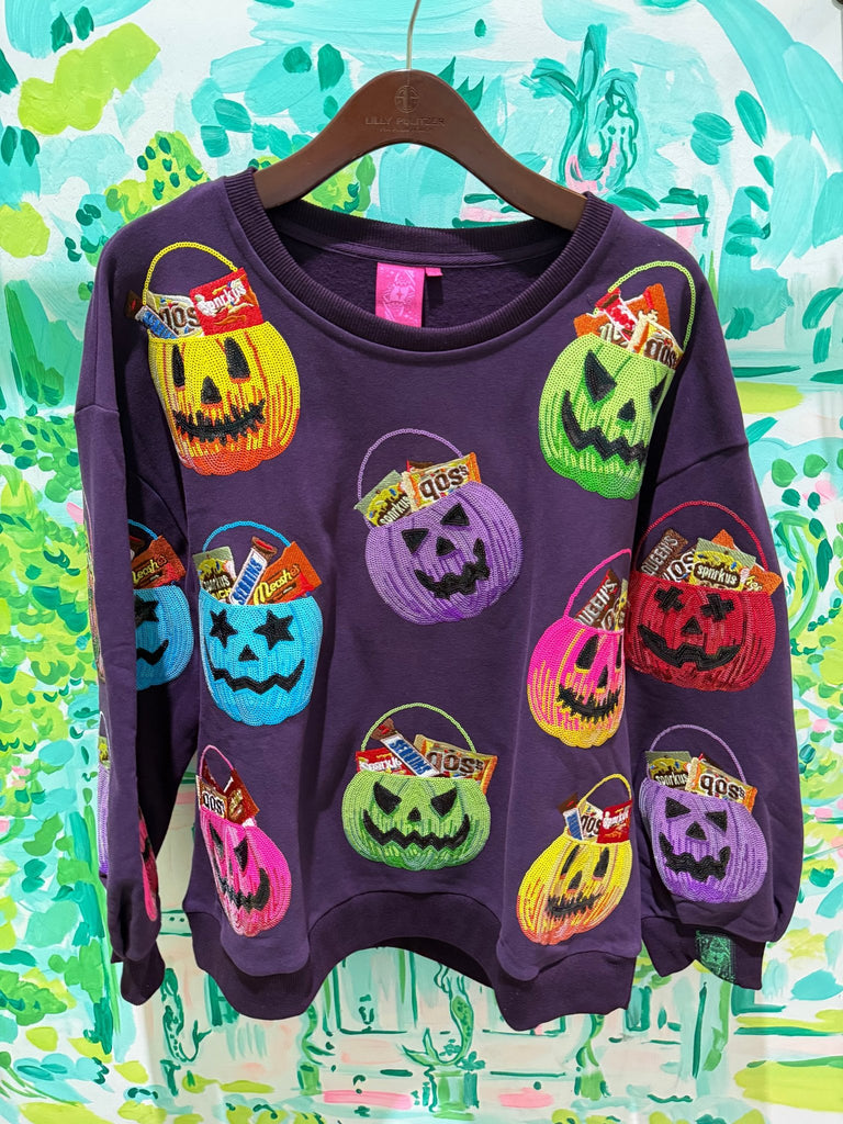 Dark Purple Multi Candy in Halloween Baskets SweatshirtWomens - Tops - CrewnecksQueen of SparklesThe Printed Peach Savannah