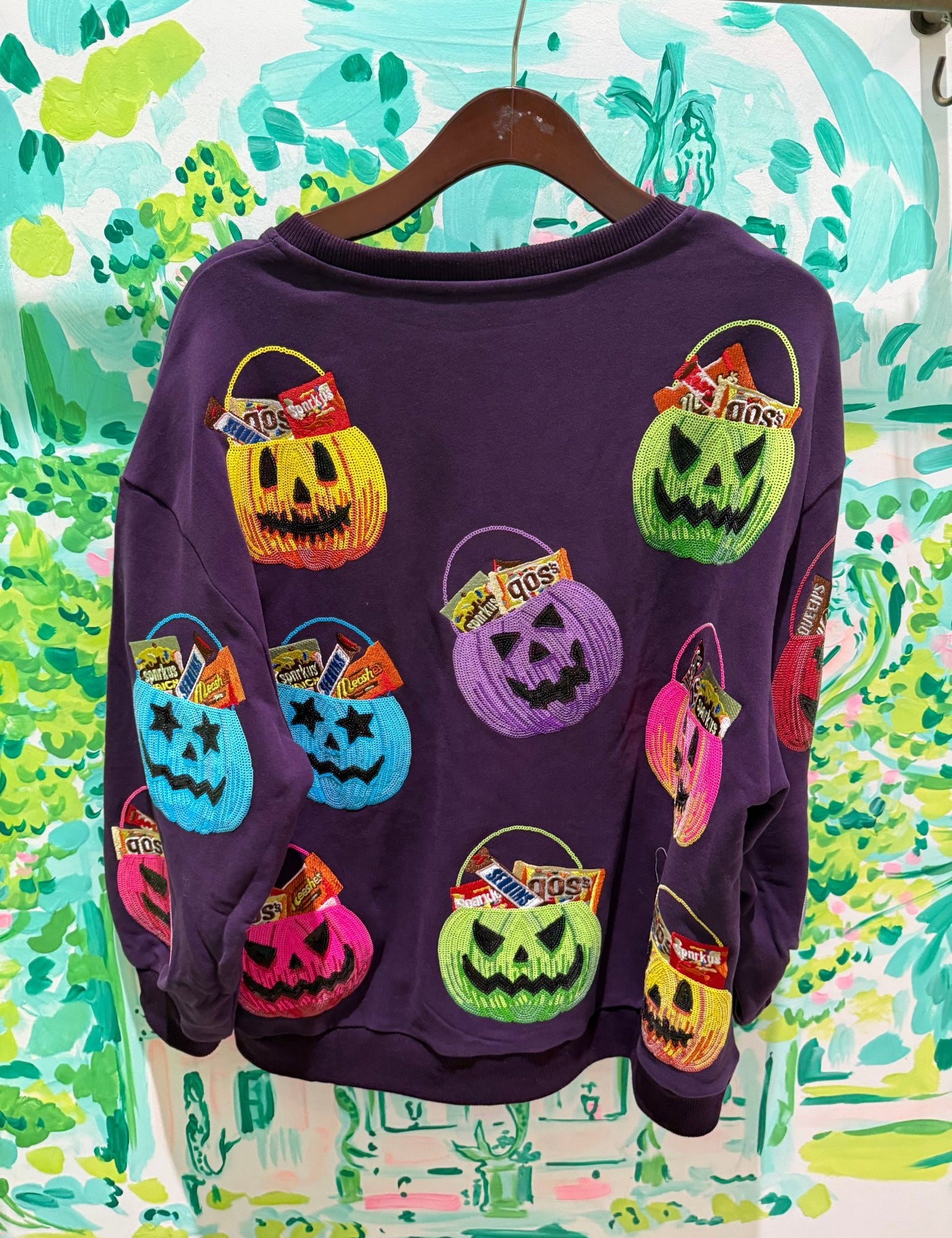 Dark Purple Multi Candy in Halloween Baskets SweatshirtWomens - Tops - CrewnecksQueen of SparklesThe Printed Peach Savannah