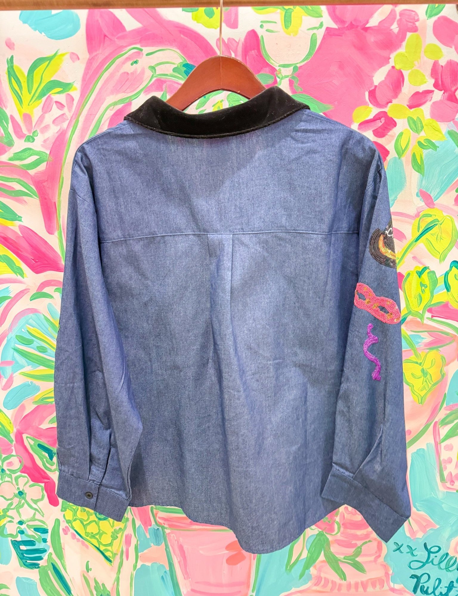 Denim NYE Icon Button Up Top With Black Velvet CollarQueen of SparklesThe Printed Peach Savannah