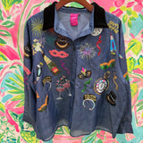Denim NYE Icon Button Up Top With Black Velvet CollarQueen of SparklesThe Printed Peach Savannah