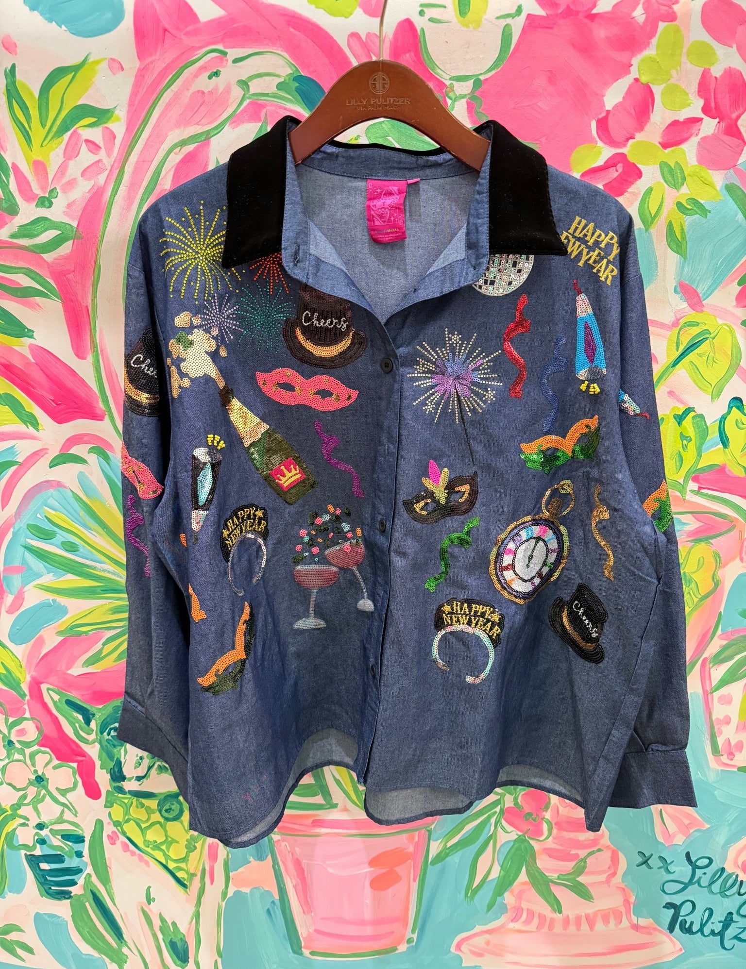 Denim NYE Icon Button Up Top With Black Velvet CollarQueen of SparklesThe Printed Peach Savannah