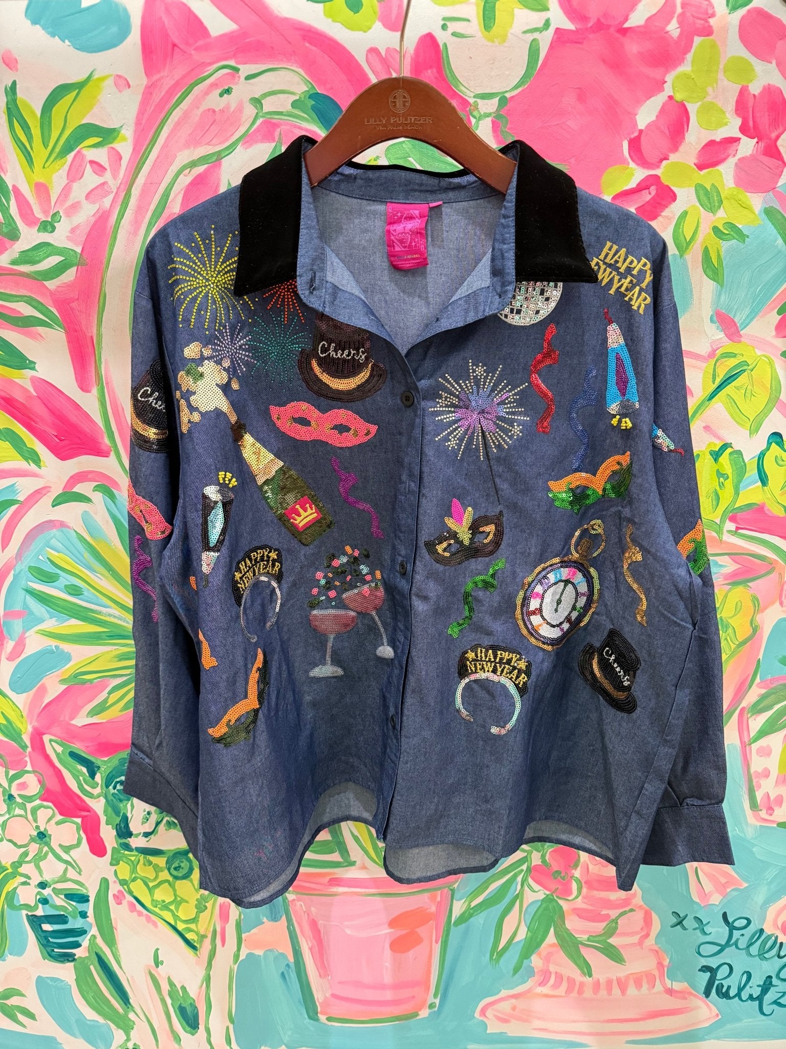 Denim NYE Icon Button Up Top With Black Velvet CollarQueen of SparklesThe Printed Peach Savannah