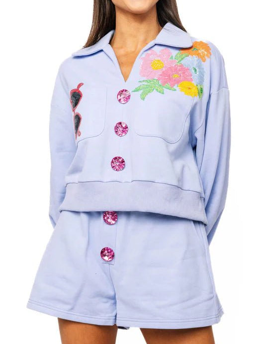Dusty Blue Jewel Button Flower & Sunglasses in Pocket SweatshirtQueen of SparklesThe Printed Peach Savannah