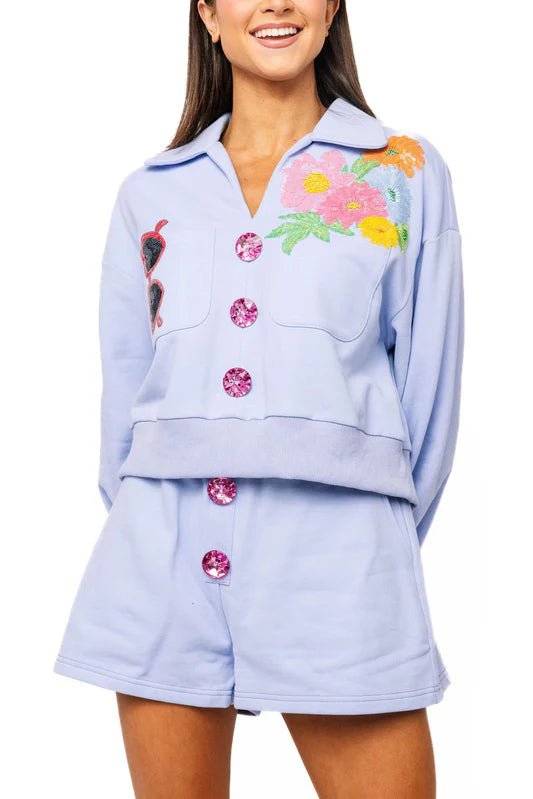 Dusty Blue Jewel Button Flower & Sunglasses in Pocket SweatshirtQueen of SparklesThe Printed Peach Savannah