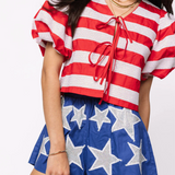 Red & White Stripe Cotton Poof Sleeve Tie Top and Shorts Set