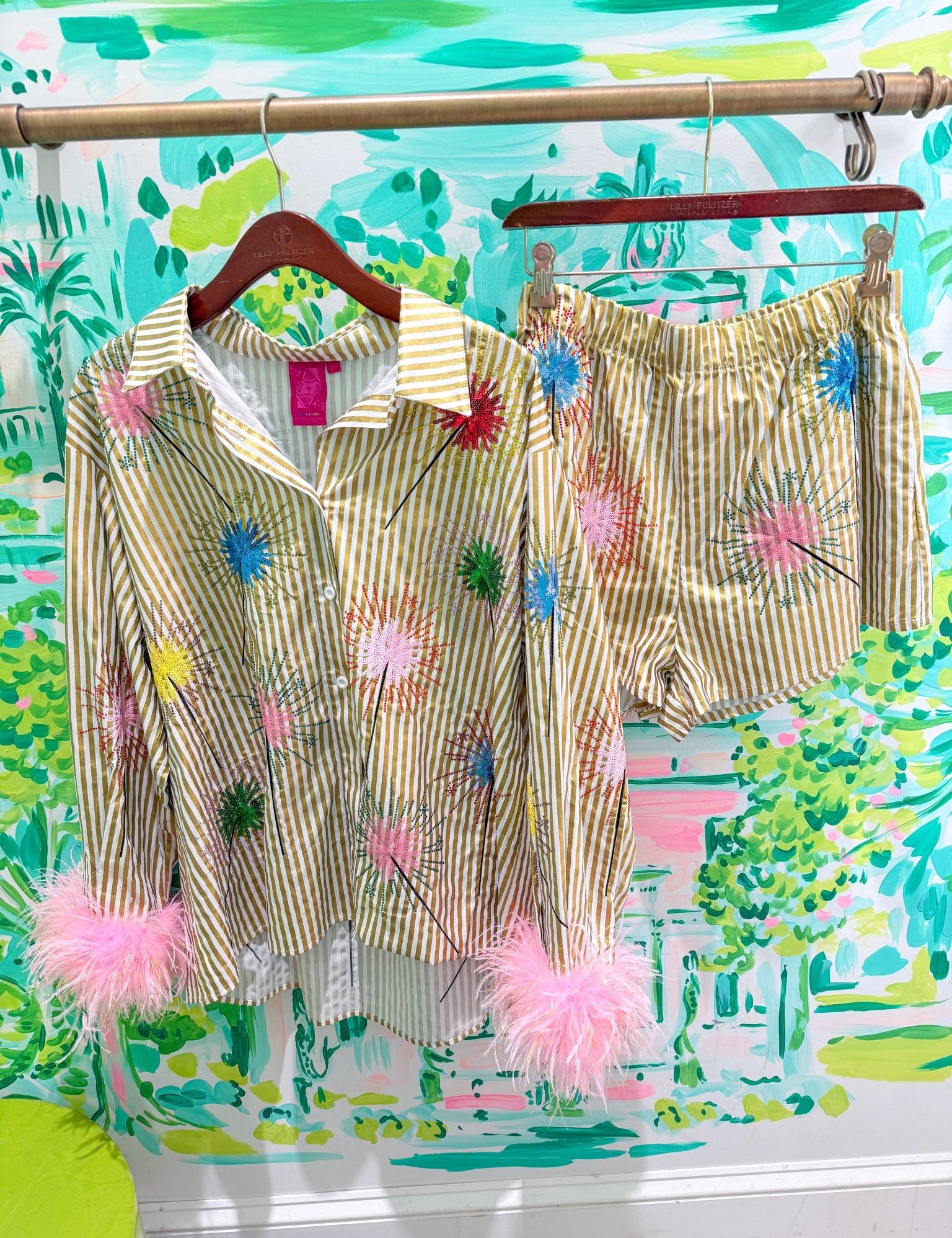 Gold Stripe Multi Sparkler Button Up Top With Pink Feather Sleeves and Gold Stripe Multi Sparkler Short SetWomenQueen of SparklesThe Printed Peach Savannah