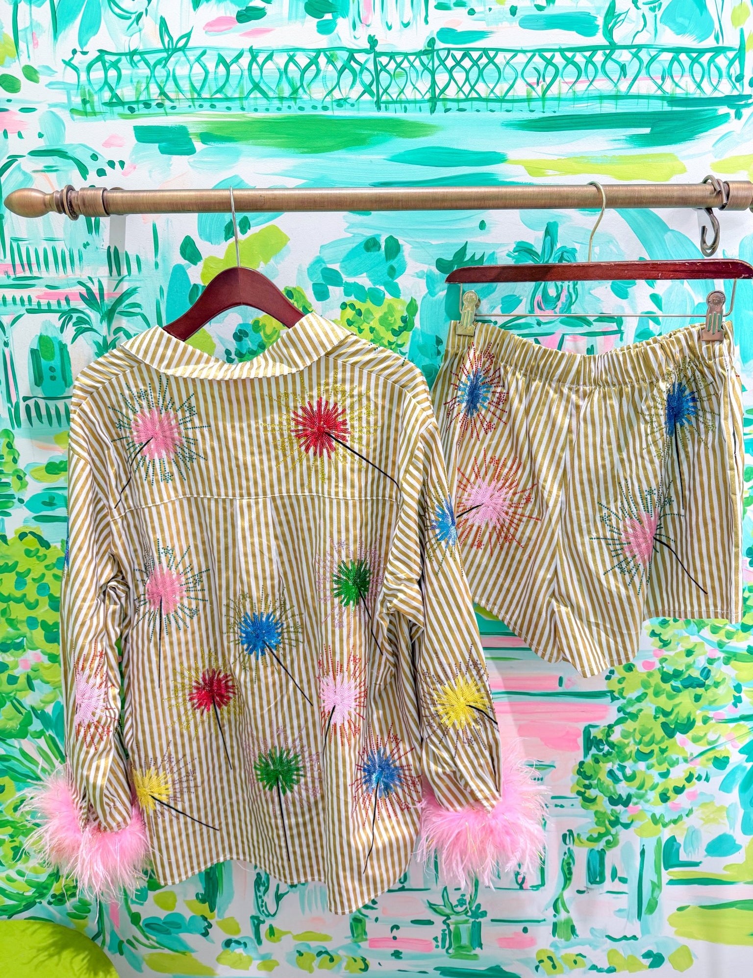 Gold Stripe Multi Sparkler Button Up Top With Pink Feather Sleeves and Gold Stripe Multi Sparkler Short SetWomenQueen of SparklesThe Printed Peach Savannah