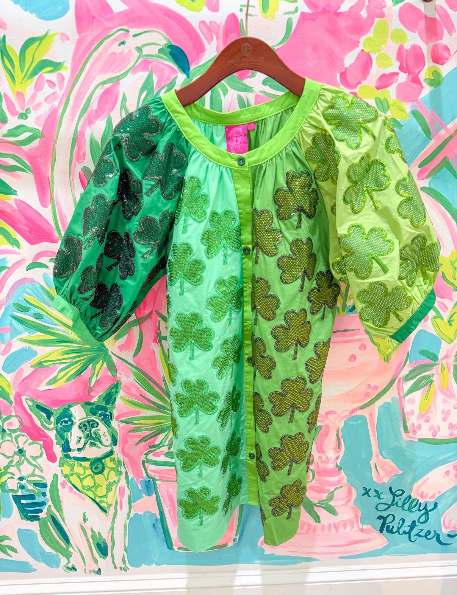 Green Cotton Colorblock Rhinestone Shamrock Button Up DressQueen of SparklesThe Printed Peach Savannah