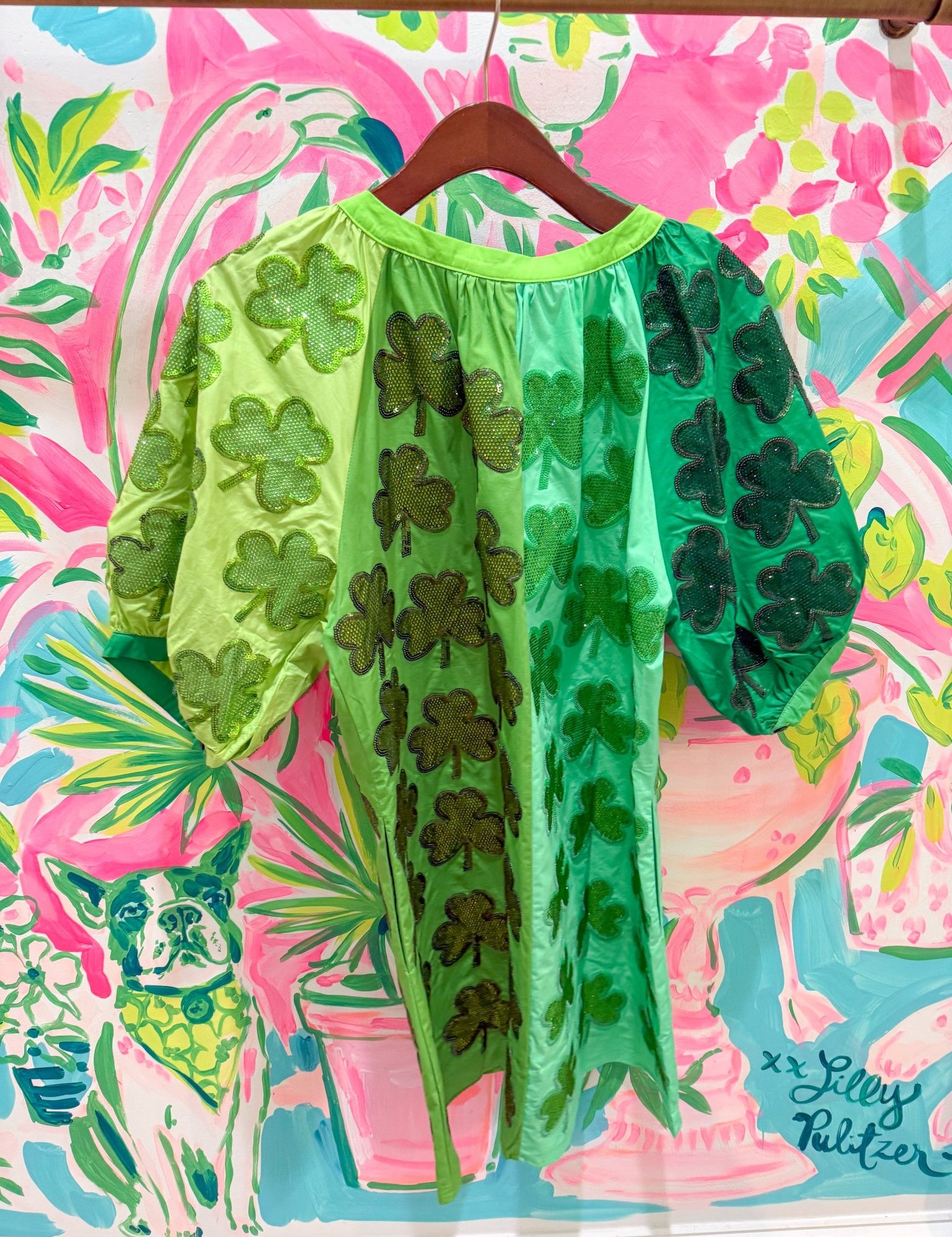 Green Cotton Colorblock Rhinestone Shamrock Button Up DressQueen of SparklesThe Printed Peach Savannah