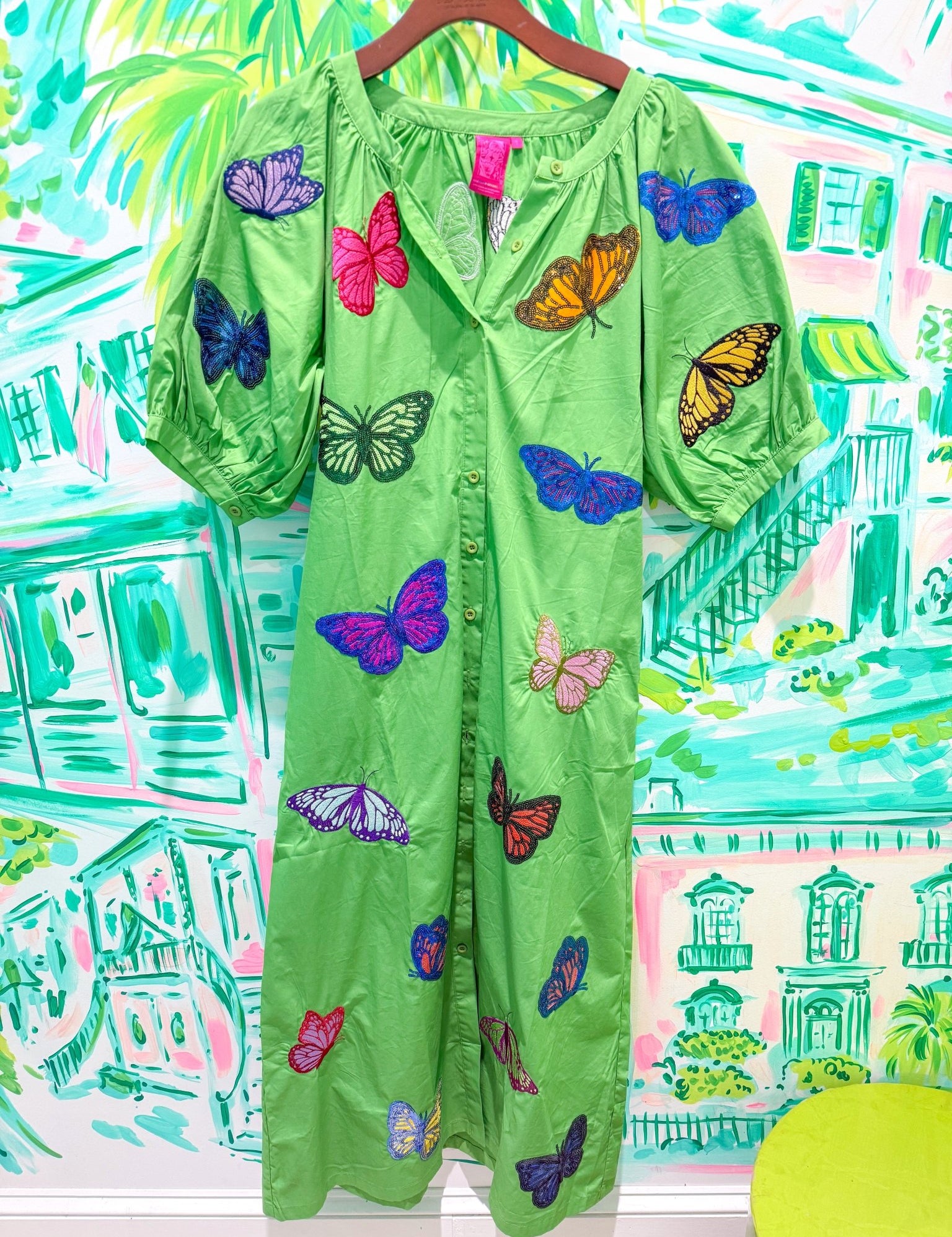 Green Multi Butterfly Button Up Cotton Midi DressQueen of SparklesThe Printed Peach Savannah